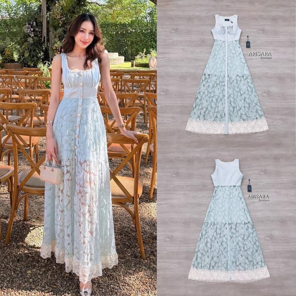 ชุดเดรสยาว แต่งขอบด้วยผ้าลูกไม้ กระดุมหน้า ใช้งานได้จริง มีฟองน้ำเสริมทรง มีซับใ ใส่สบาย : สินค้าคุณภาพ (พร้อมส่ง)