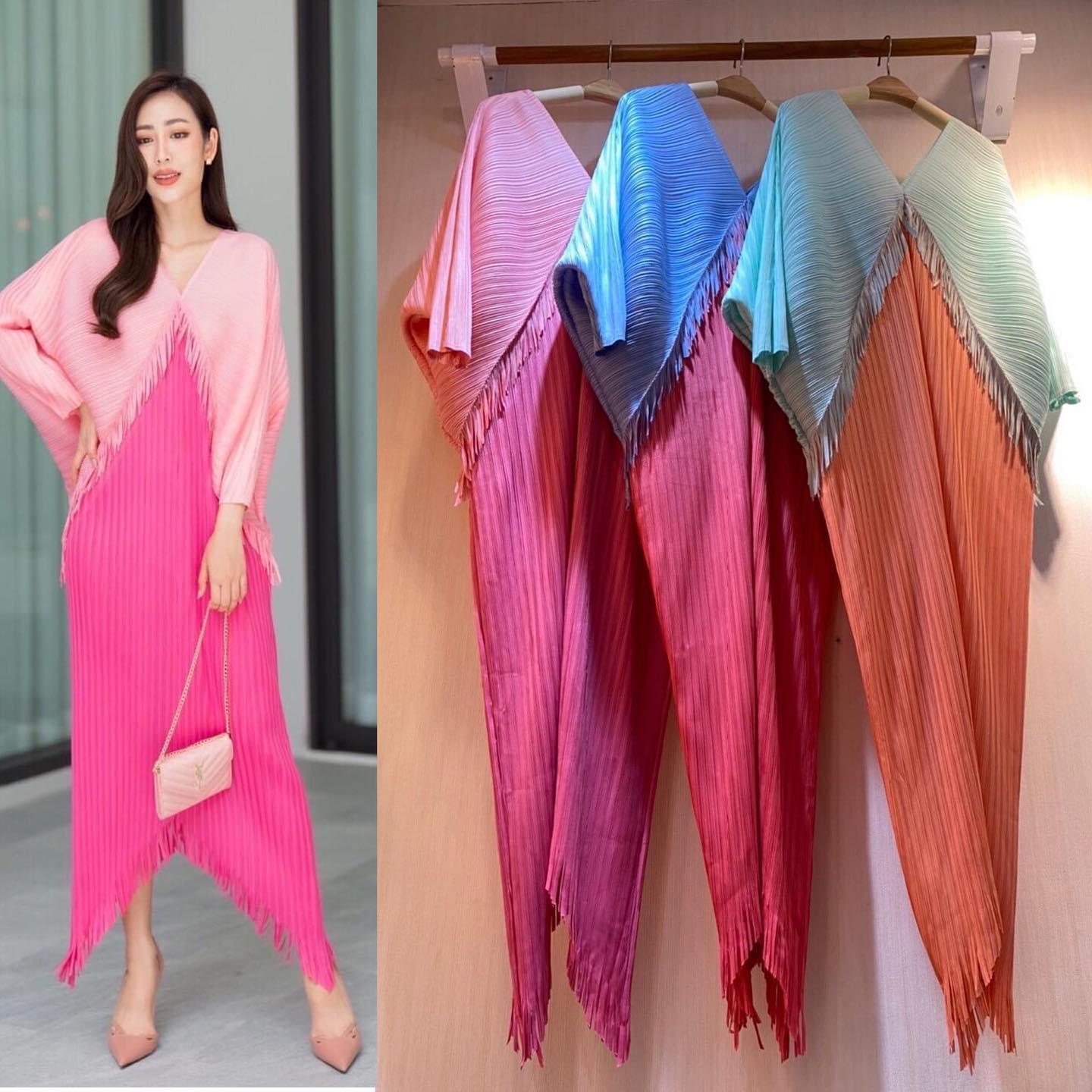 เดรสอัดพลีท คอวี ทรงแขนผีเสื้อ 🦋 แพตเทิร์นดีงามมว้าก เล่นระดับ 2 ชั้น ตัดสีทูโทน พาสเทลได้อย่างลงตัว งานตัดพู่ระบายชาย ฟรุ๊งฟริ๊ง ให้มีมิติ สวยงาม ใส่สบาย สินค้าคุณภาพ (พร้อมส่ง)