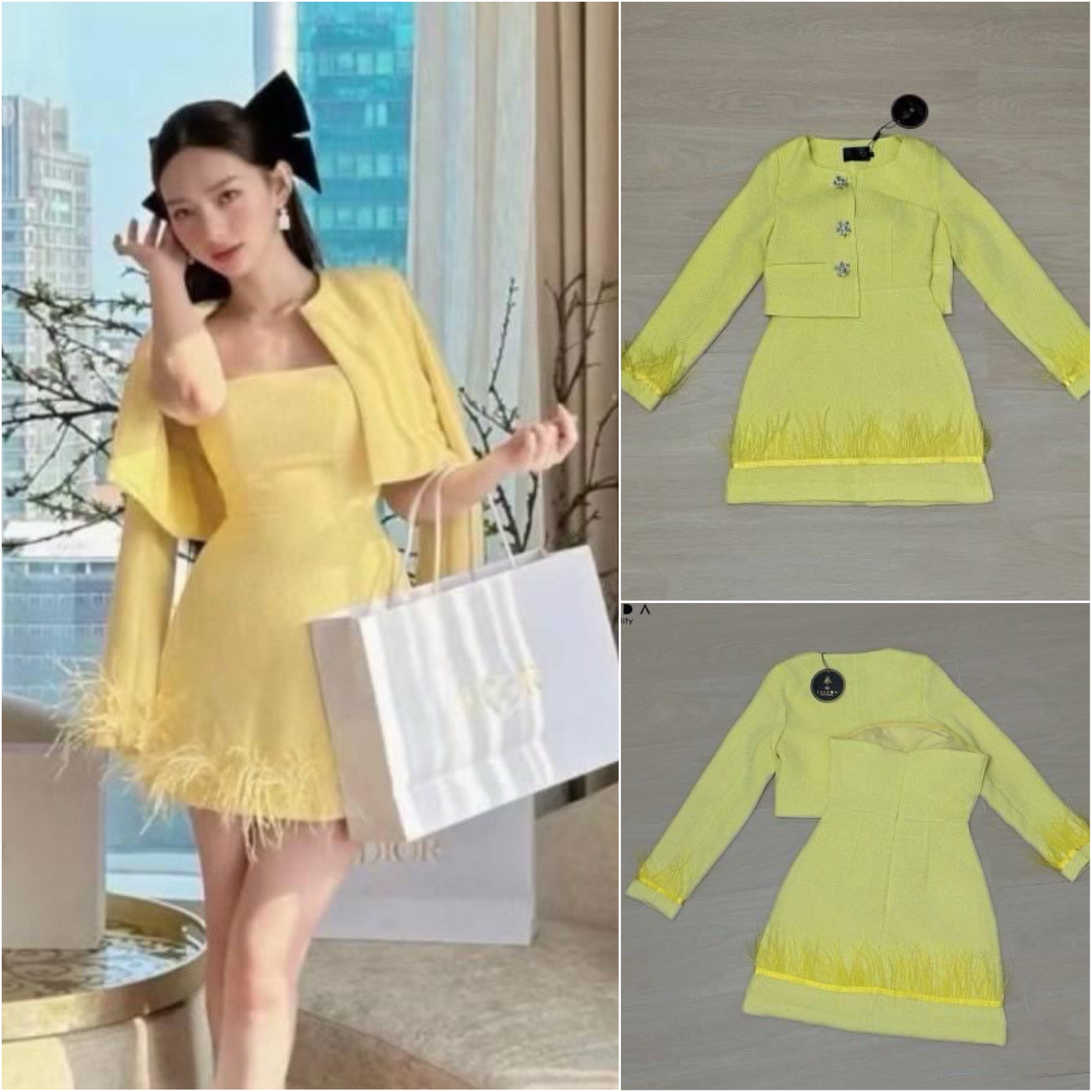 set สูท 2 ชิ้น เกาะอก + สูท เข้ากันอย่างลงตัวสึสวยขัยผิว แต่งขนนกช่วงแขนและชายกระโปรง ตัดเย็บอย่างดี มีซับใน ใส่สบาย : สินค้าคุณภาพ (พร้อมส่ง)