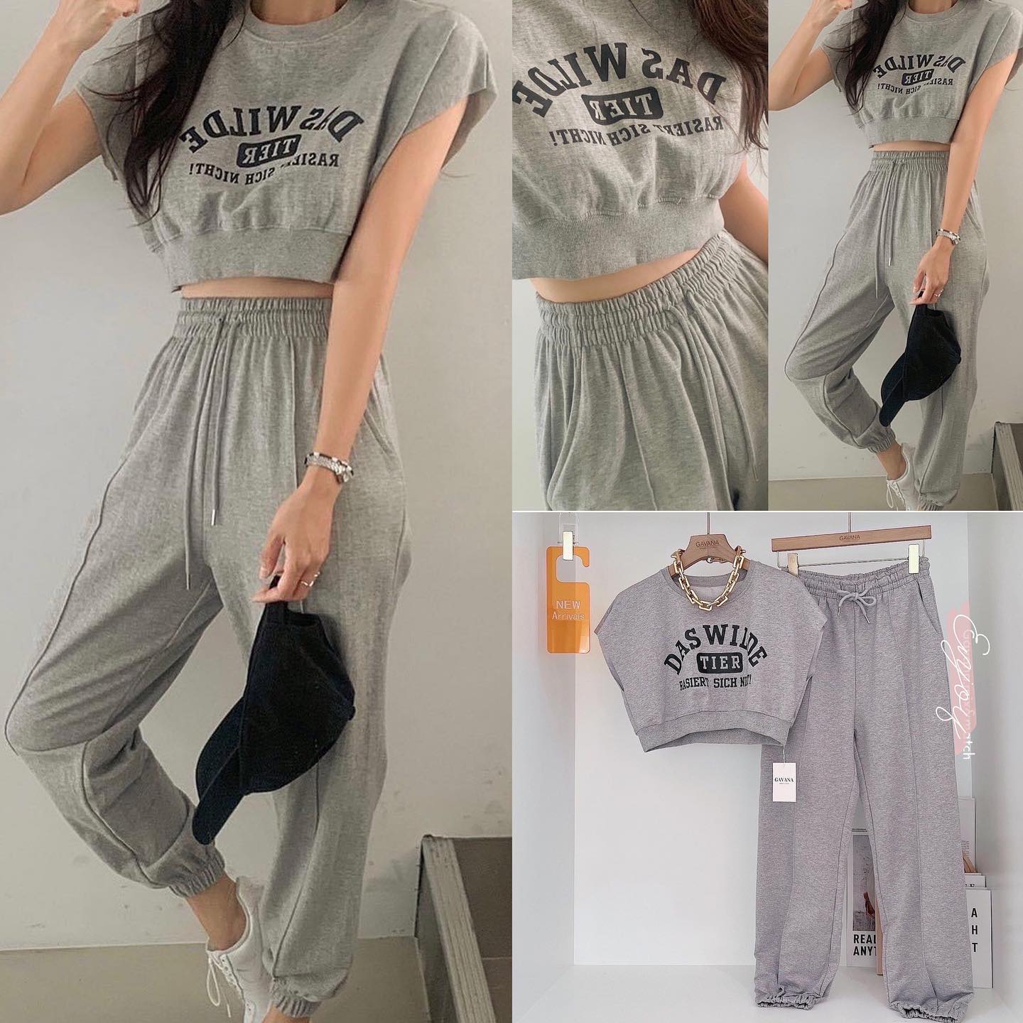 set 2 pcs เสื้อcrop บ่าเสริมฟองน้ำ +มาพร้อมกางเกงวอร์มเอวยางยืด ใส่ชิวๆ เป็นแอร์พอร์ตลุคได้เลยค่าาา เนื่อผ้าดี ใส่สบายสุด สินค้าคุณภาพ (พร้อมส่ง)