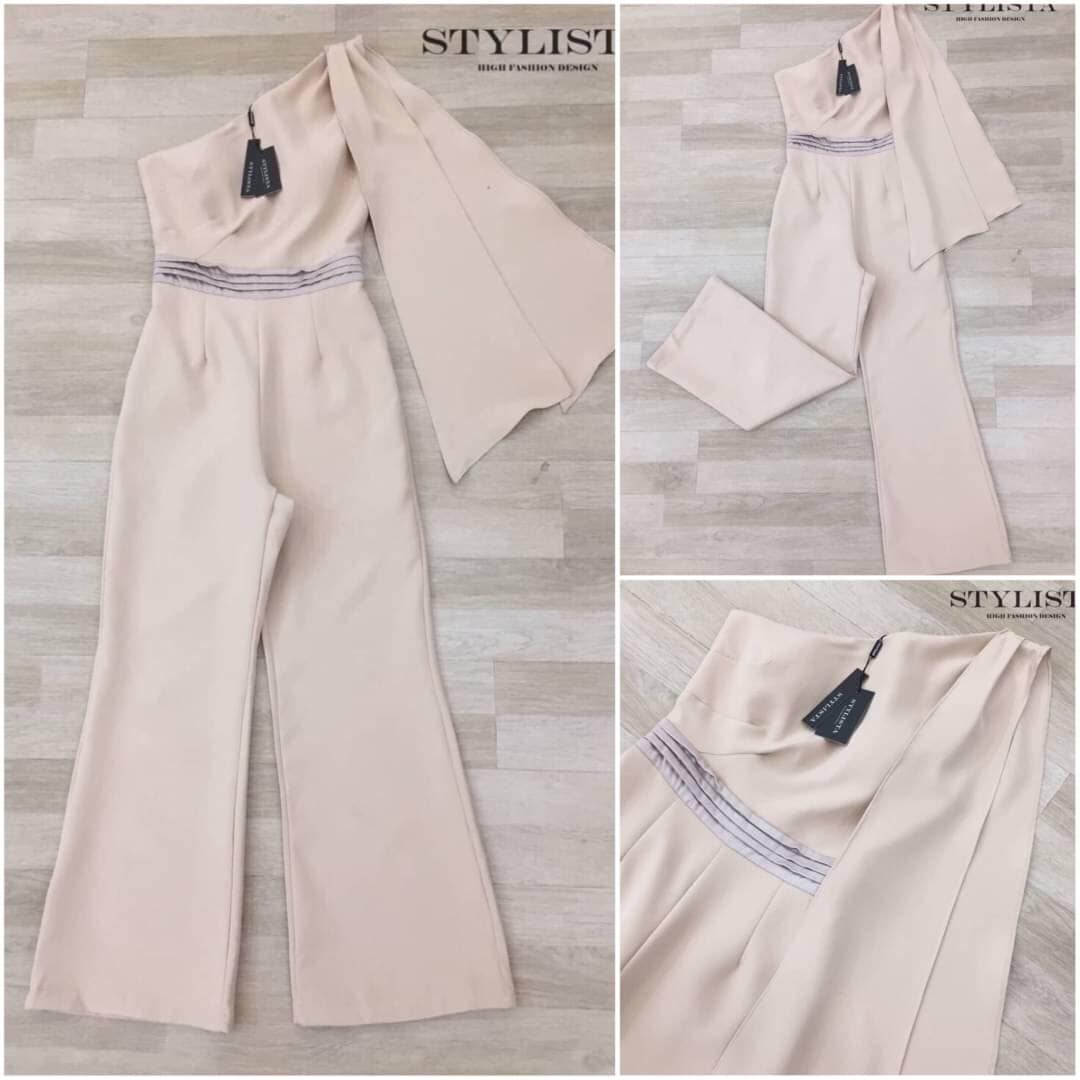 จั้มสูทไหล่เฉียง มีสะไบด้านข้าง ทรงพอดีตัว ใส่สวยเรียบหรูมาก สินค้าคุณภาพ (พร้อมส่ง)