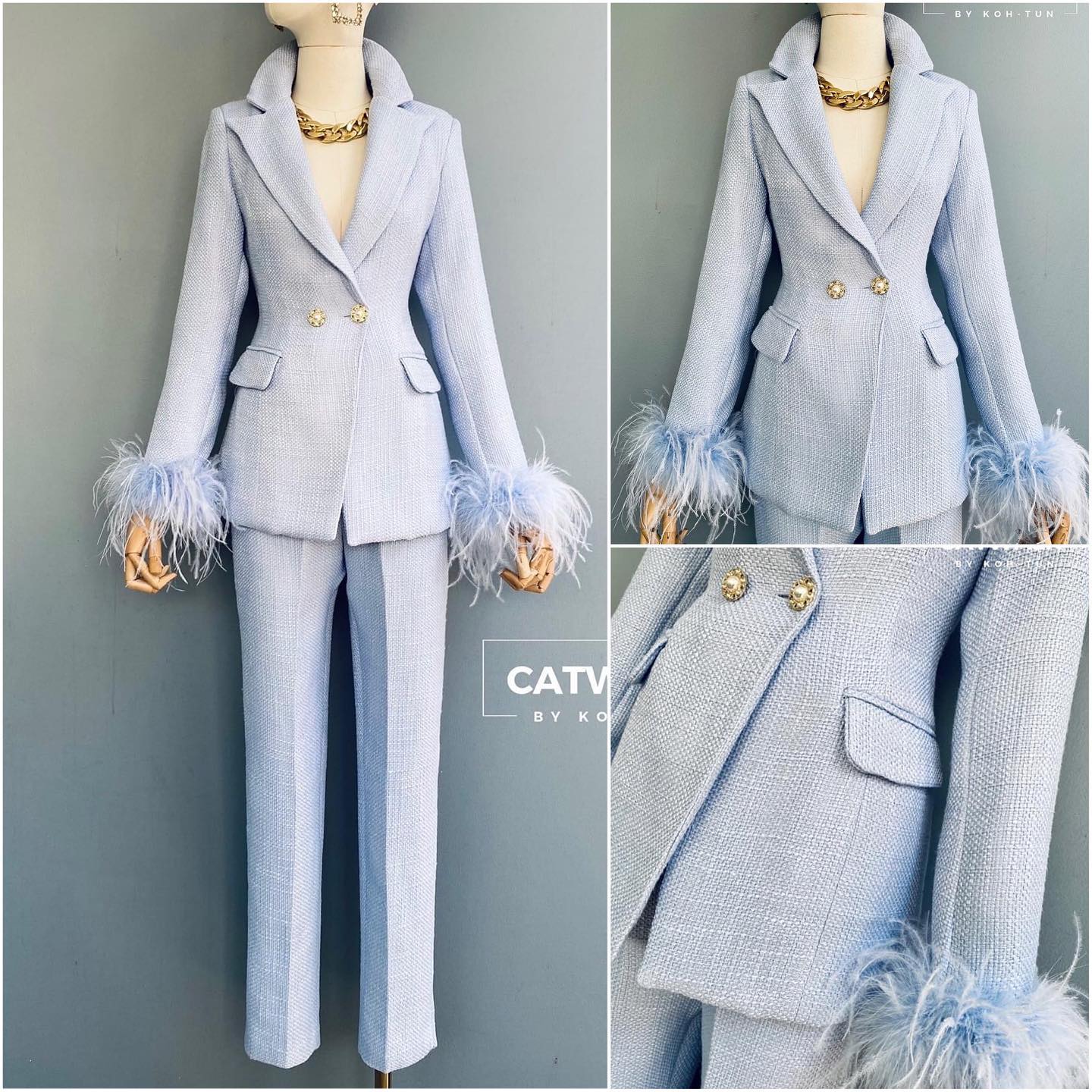 เซตBLAZER ผ้าทวีตแต่งขนนกแขน ตัวBLAZER เป็นทรงเข้ารูป แต่งกระดุมมุกด้านหน้า 2 จุด มีกระเป๋า 2 ข้าง โดดเด่นด้วยการนำ ขนนกมาแต่งที่ปลายขอบแขน มาคู่กับกางเกงเอวสูงทรงขากระบอก เล็ก : สินค้าคุณภาพ (พร้อมส่ง)