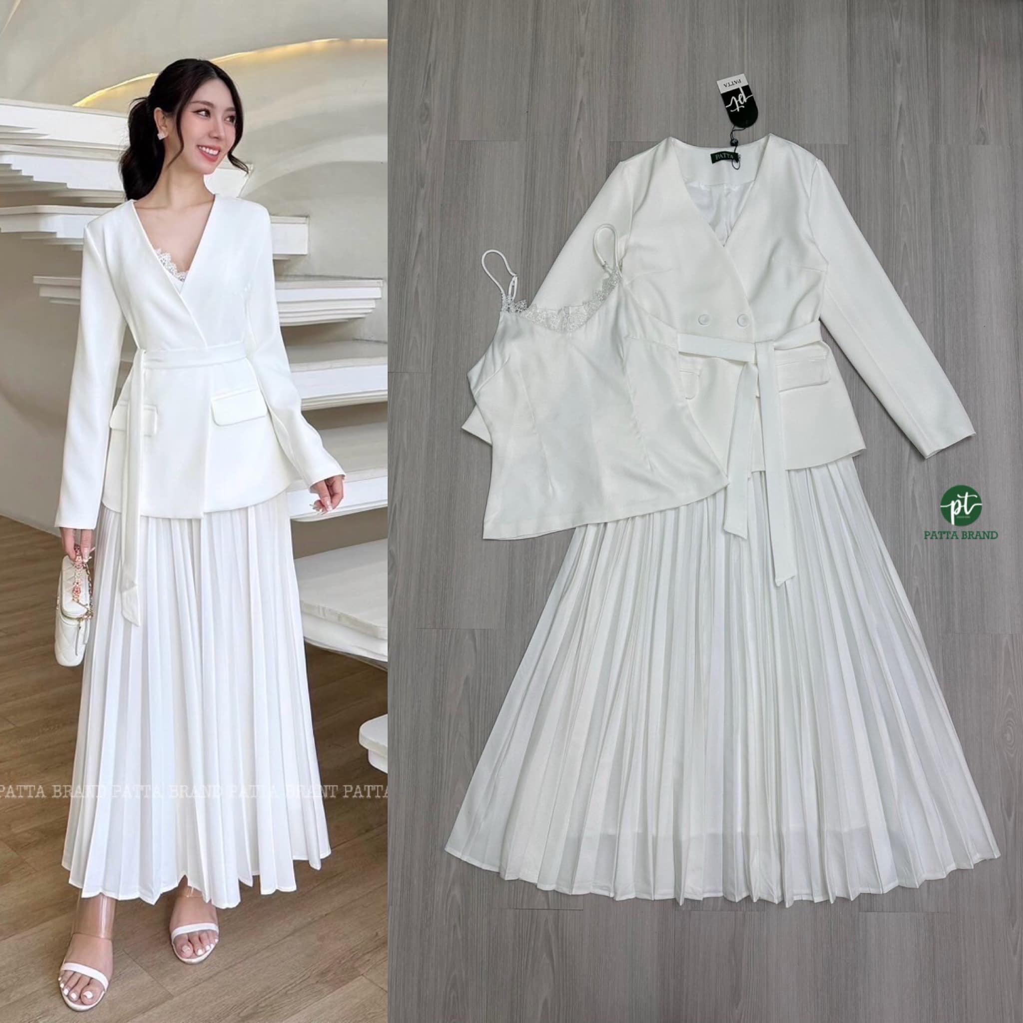 เซต3ชิ้น สีขาว เสื้อคลุมสูทแขนยาวมีกระดุมหน้า และมีกระเป๋าล้วงได้ทั้ง2ข้าง มาคู่กับเสื้อสายเดี่ยวตัวในผ้าซาตินลื่น (มีซิปหลัง)ใส่สบายแม๊ทช์กันลงตัวมากๆ เพิ่มความเก๋ให้กับชุดด้วยผ้าผูกเอวคุ้มสุดๆ มาพร้อมกับกระโปรงยาวอัดพรีท ใส่สบาย : สินค้าคุณภาพ (พร้อมส่ง