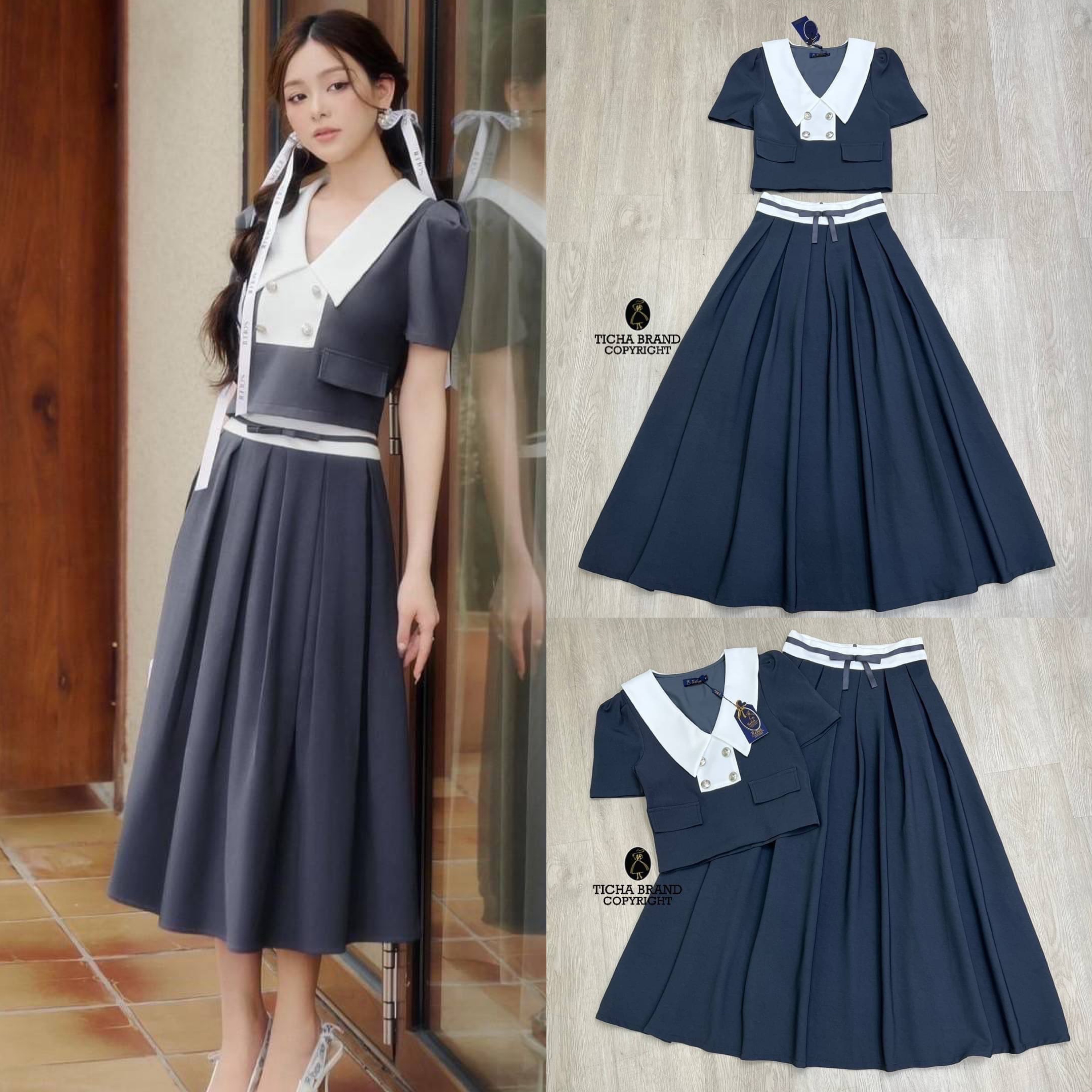 set2ชิ้น เสื้อครอปแขนสั้นคอปก มาคู่กับกระโปรงจับจีบพองนิดๆ งานซิปหลัง สวมใส่ง่ายใส่สบาย เย็บซับในอย่างดี สินค้าคุณภาพ (พร้อมส่ง)