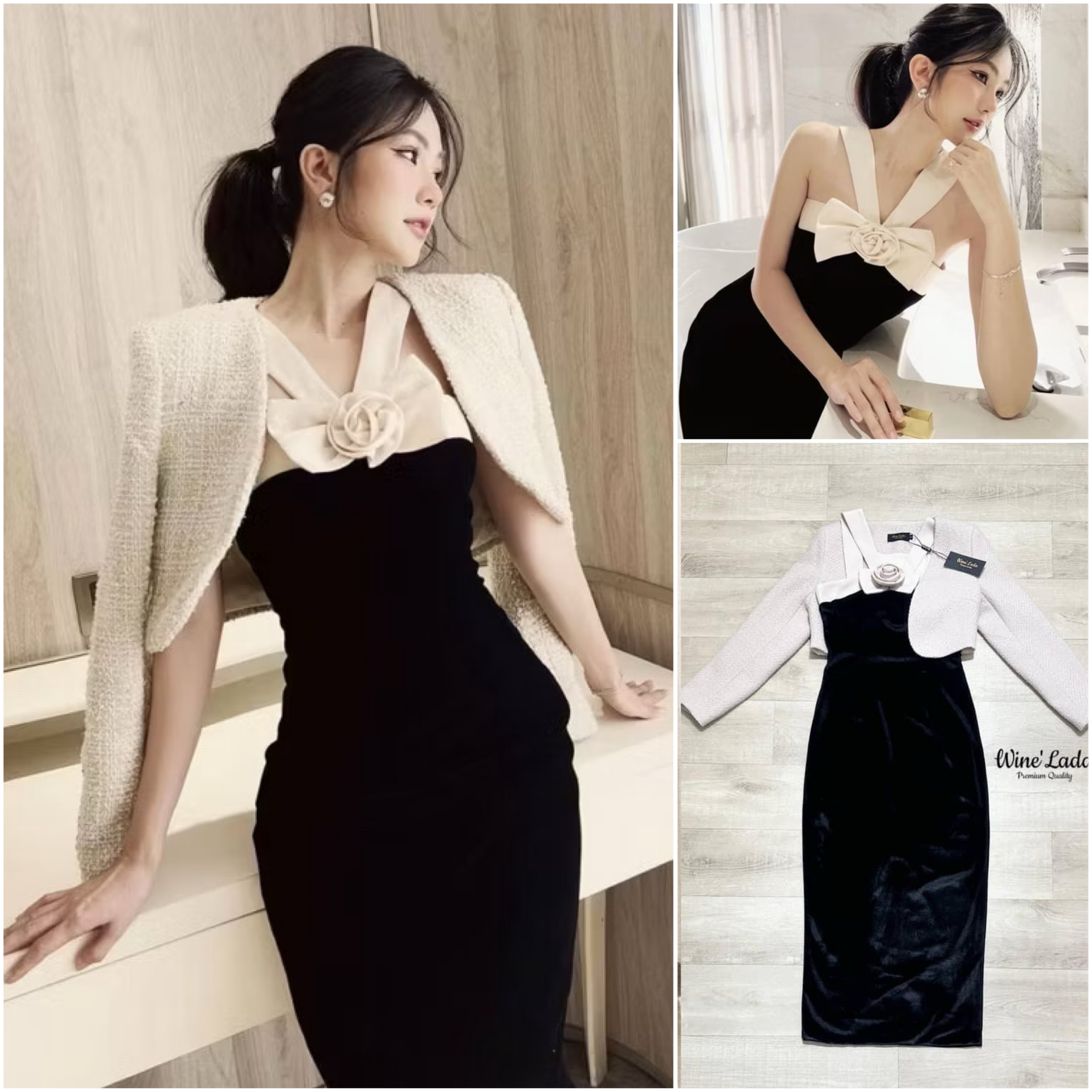 Set 3 Pcs. เดรสผ้ากำมะหยี่สีดำตัวยาวทรงสอบ ตัดด้วยสายสีครีม มีเข็มกลัดดอกไม้เพิ่มความปัง ผ่าด้านหลัง หน้าอกมีฟองน้ำ มาพร้อมเสื้อคลุมแขนยาวผ้าทวิต ใส่สบาย : สินค้าคุณภาพ (พร้อมส่ง)