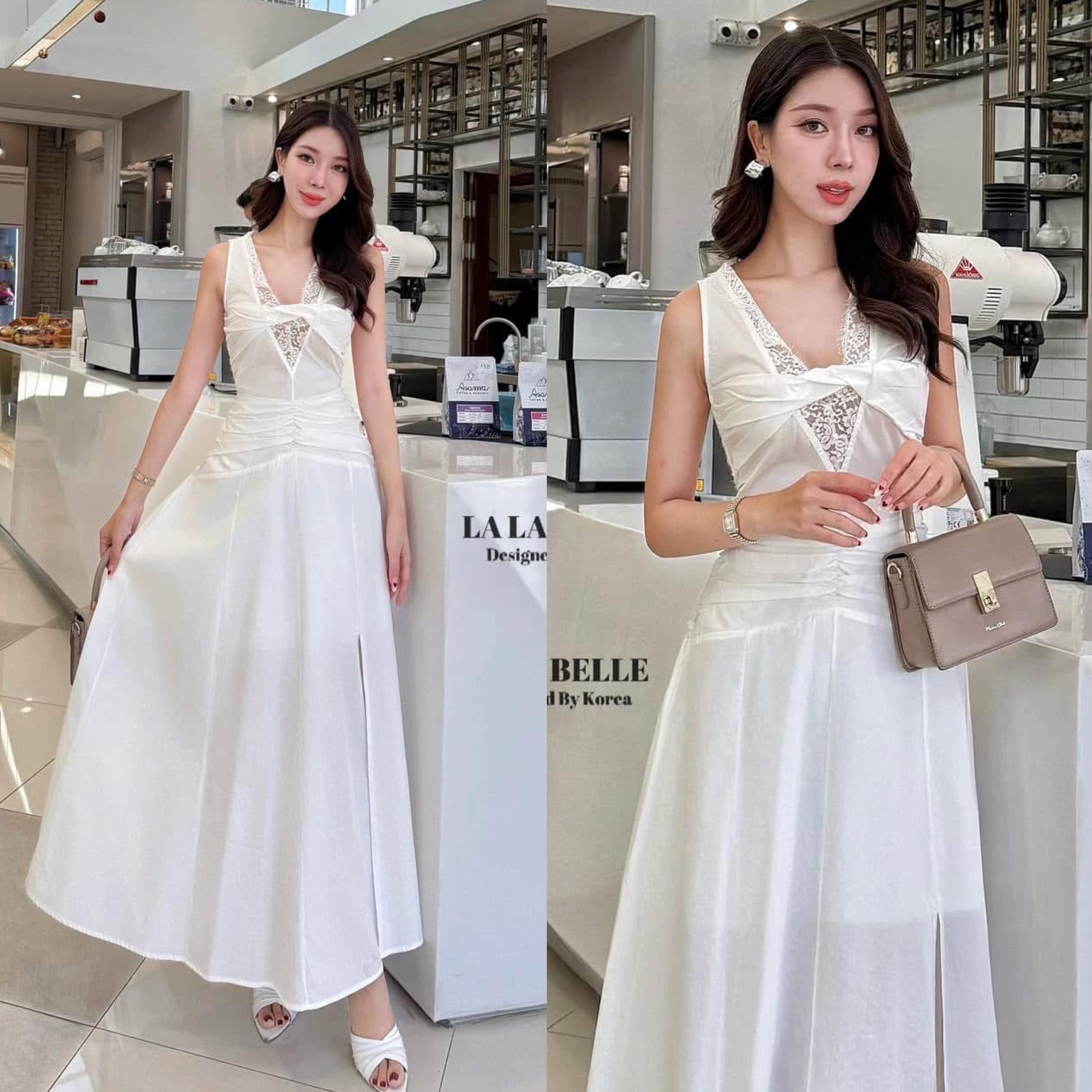 แม็กซี่เดรสสีขาวผ้าเสื้อเชิ้ตแต่ไม่บางมีซับในให้ทรงคอวีแขนกุดแต่งขอบอกลูกไม้แต่งโบว์ด้านหน้าเอวเข้ารูปจับจีบกระโปรงทรงเอยาวผ่าข้างด้านหลังแต่งลูกไม้สวยมาก ใส่สบาย : สินค้าคุณภาพ (พร้อมส่ง)