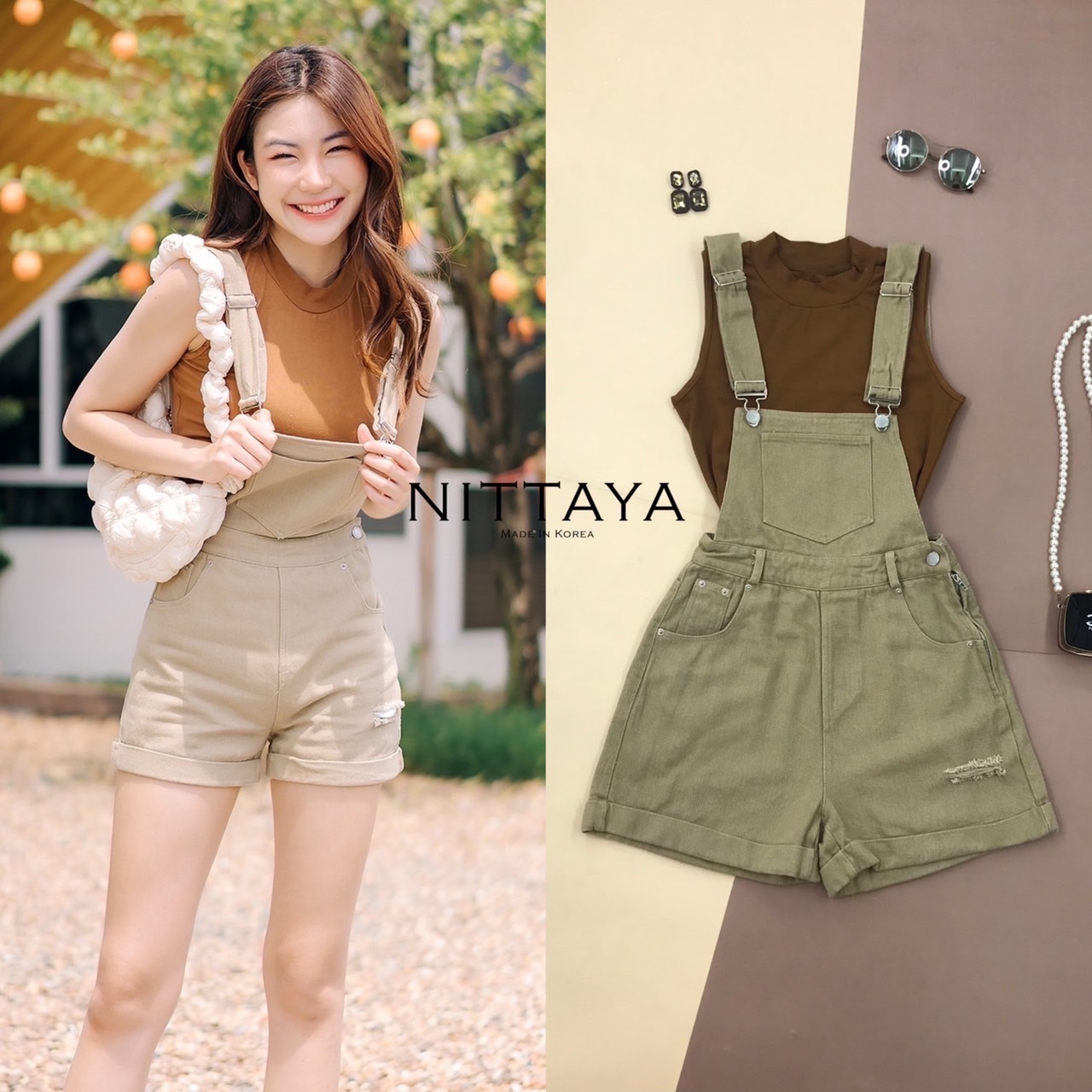 เซตเสื้อครอปแขนกุด+เอี๊ยมขาสั้น สินค้าคุณภาพ (พร้อมส่ง)