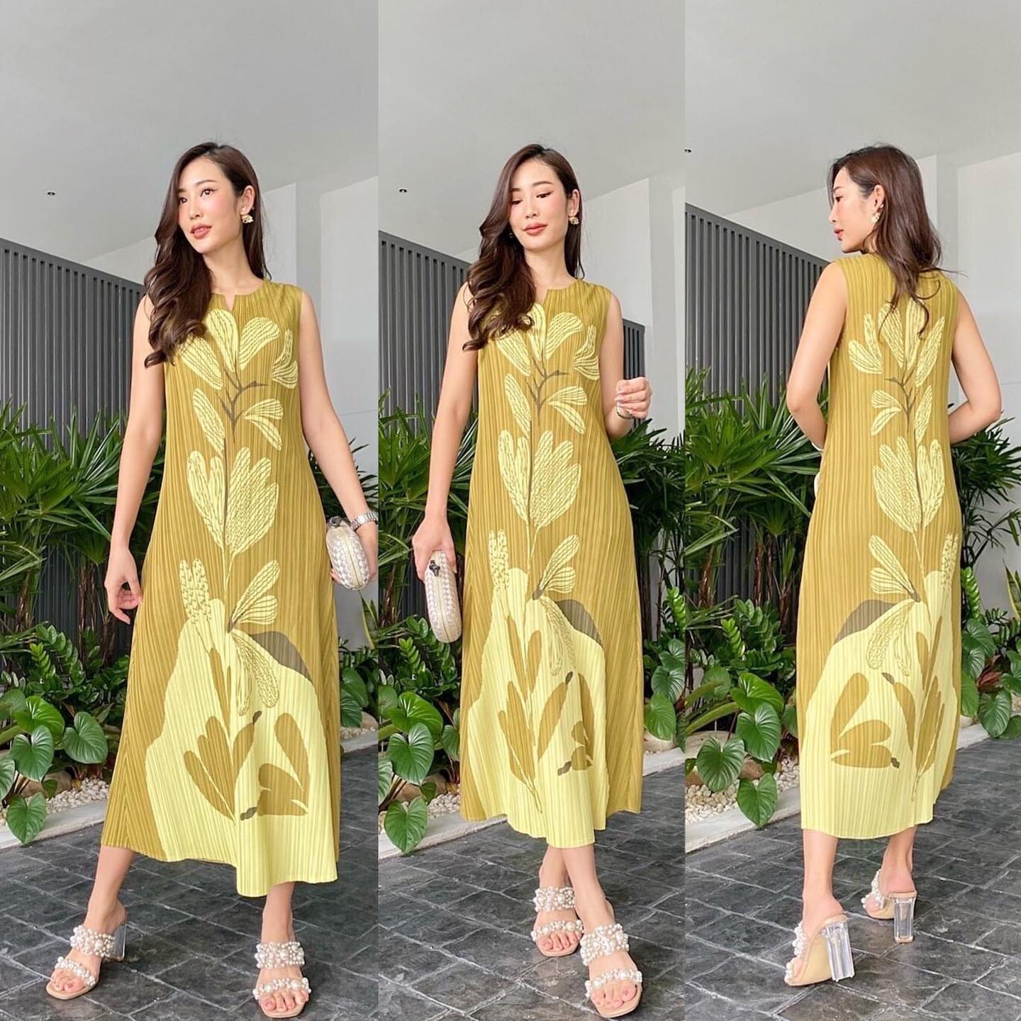 แม็กซี่เดรสตัวยาว แพทเทิร์น อัดพลีทเข้าเคิร์ฟ ทรงคอกลม แขนกุด สวย Premium 👍🏻. สินค้าคุณภาพ (พร้อมส่ง)