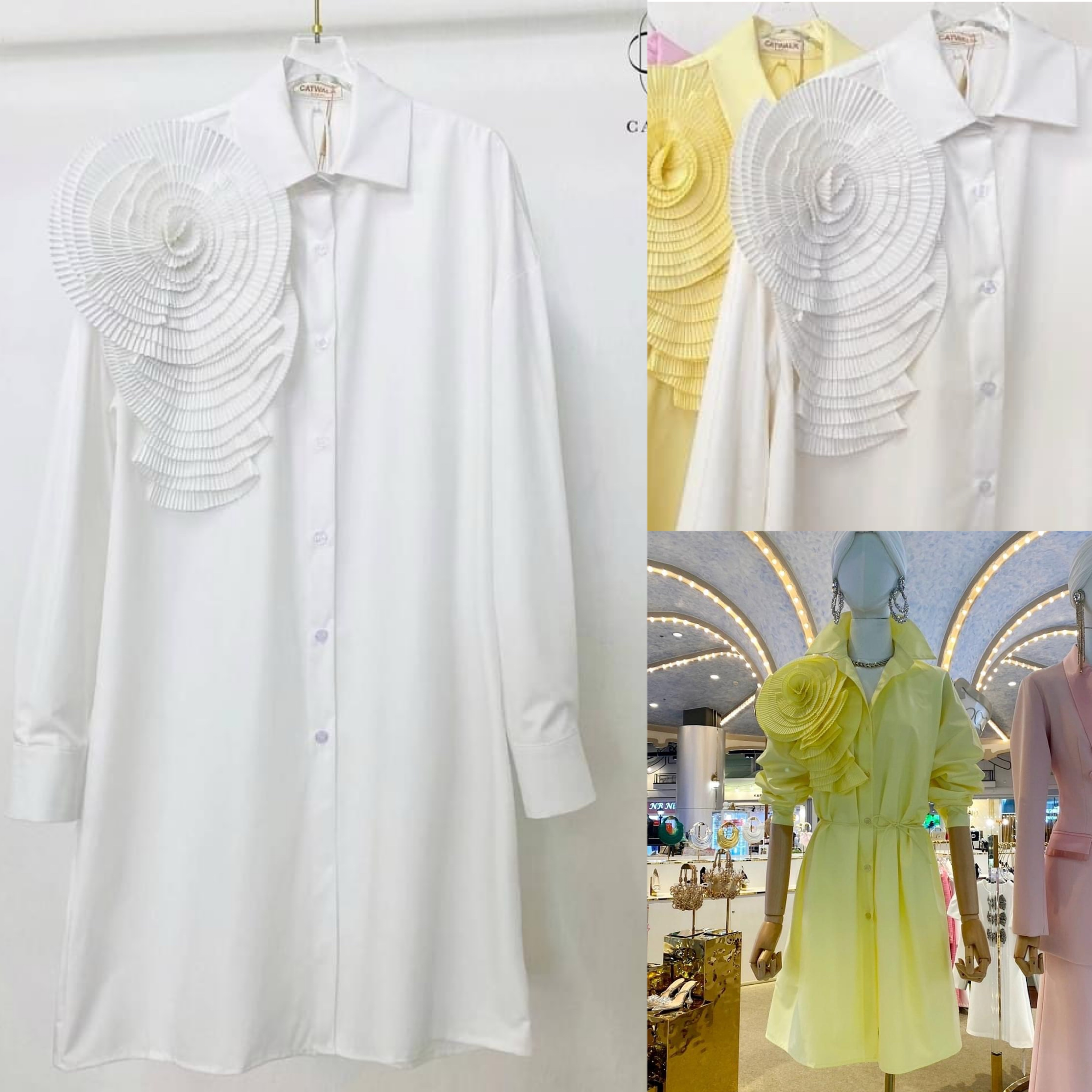 เดรสเชิ้ตแต่งดอกไม้อัดพลีท เนื้อผ้าเกรดเอ สินค้าคุณภาพ (พร้อมส่ง)