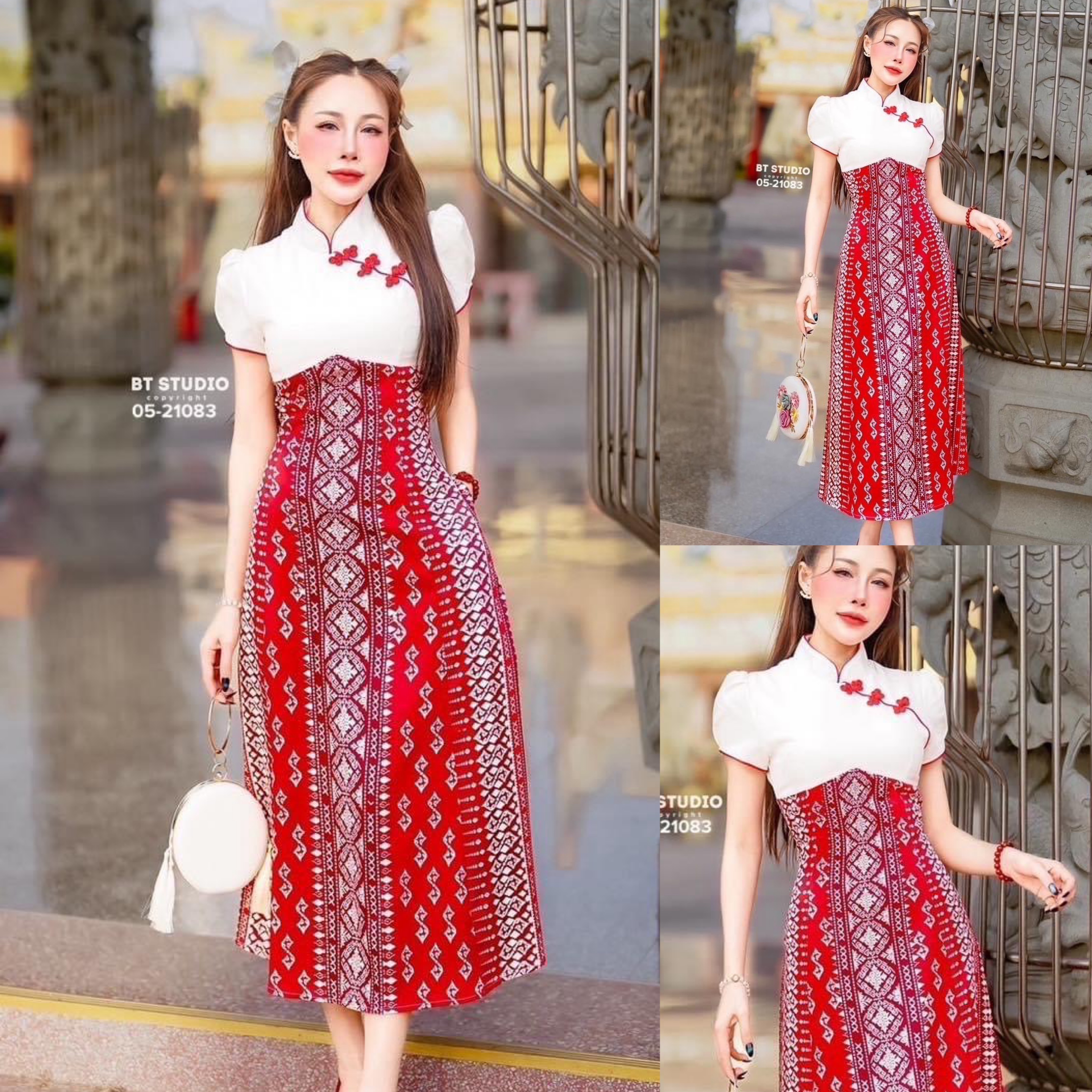 เดรสยาวคลุมเข่าแขนสั้น คอจีน ช่วงบนสีขาว แต่งเฉียงติดกระดุมจีน ตัวล่างแต่งผ้าถุงประยุกต์ มีซับใน ใส่สบาย สินค้าคุณภาพ (พร้อมส่ง)