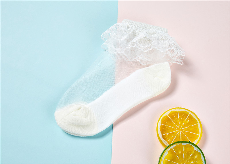 ถุงเท้าระบายลูกไม้เด็กหญิงข้อสั้น มีขนาดวัย 1-12 ขวบ สีขาว/ชมพู/ม่วง