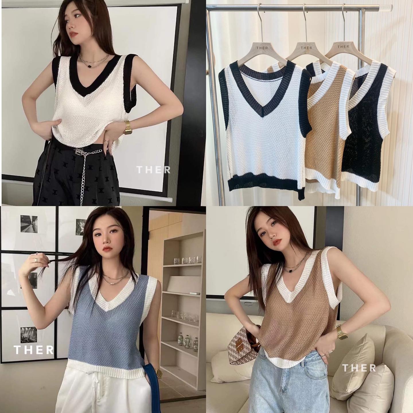 เสื้อไหมพรมแขนกุด ทรงคอวี ดีเทลแต่งกุ๊นขอบตัดกับตัวเสื้อ งานใช้ผ้าเนื้อดีผ้ามี Texture ใส่สบาย แมทช์ใส่ง่าย : สินค้าคุณภาพ (พร้อมส่ง)