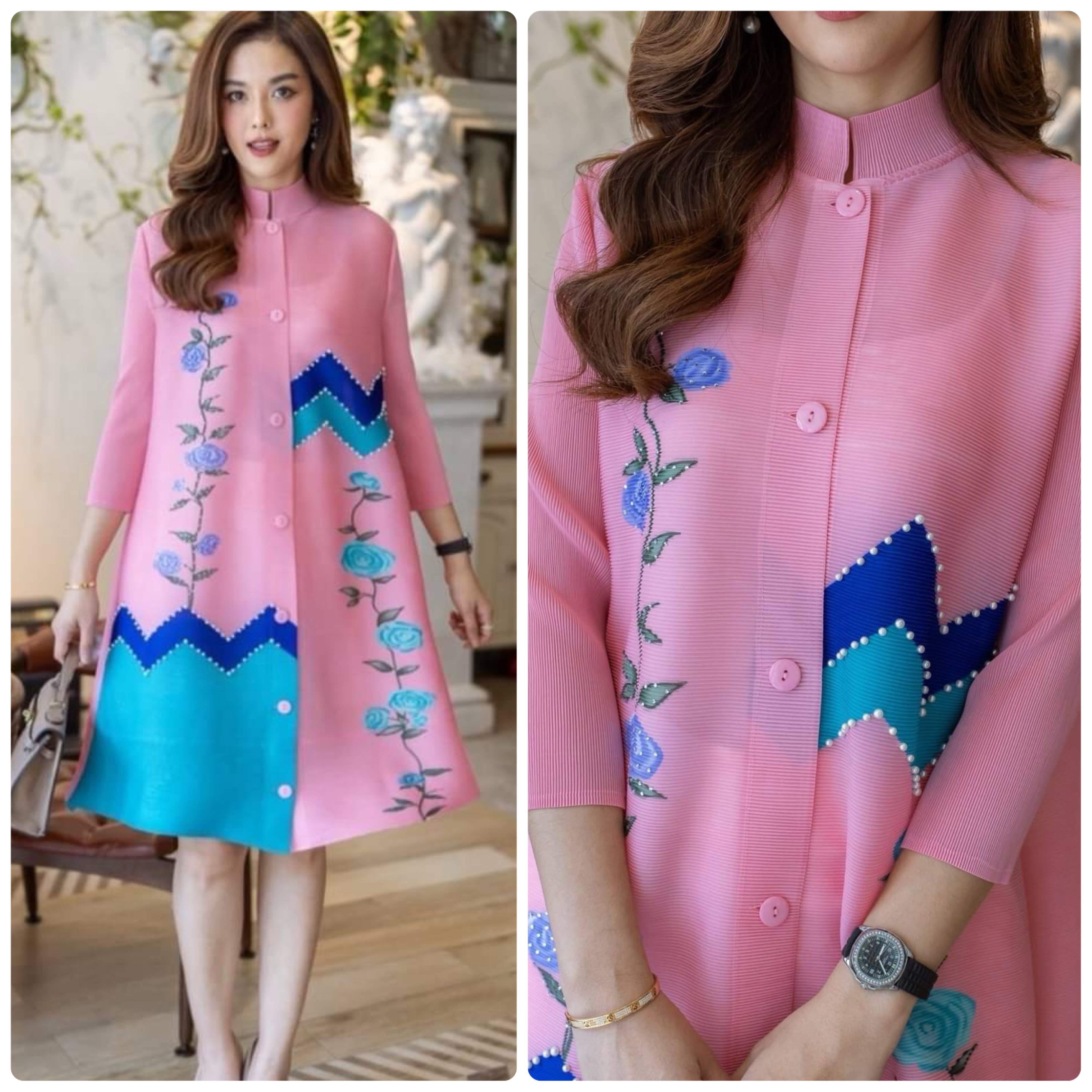 เดรสผ้าอัดพลีท Premium Pleatd Fabric ดีเทลสวยๆพิมพ์ลายประดับด้วยเพชรสุดหรู และมุก ใส่สบาย : สินค้าคุณภาพ (พร้อมส่ง)