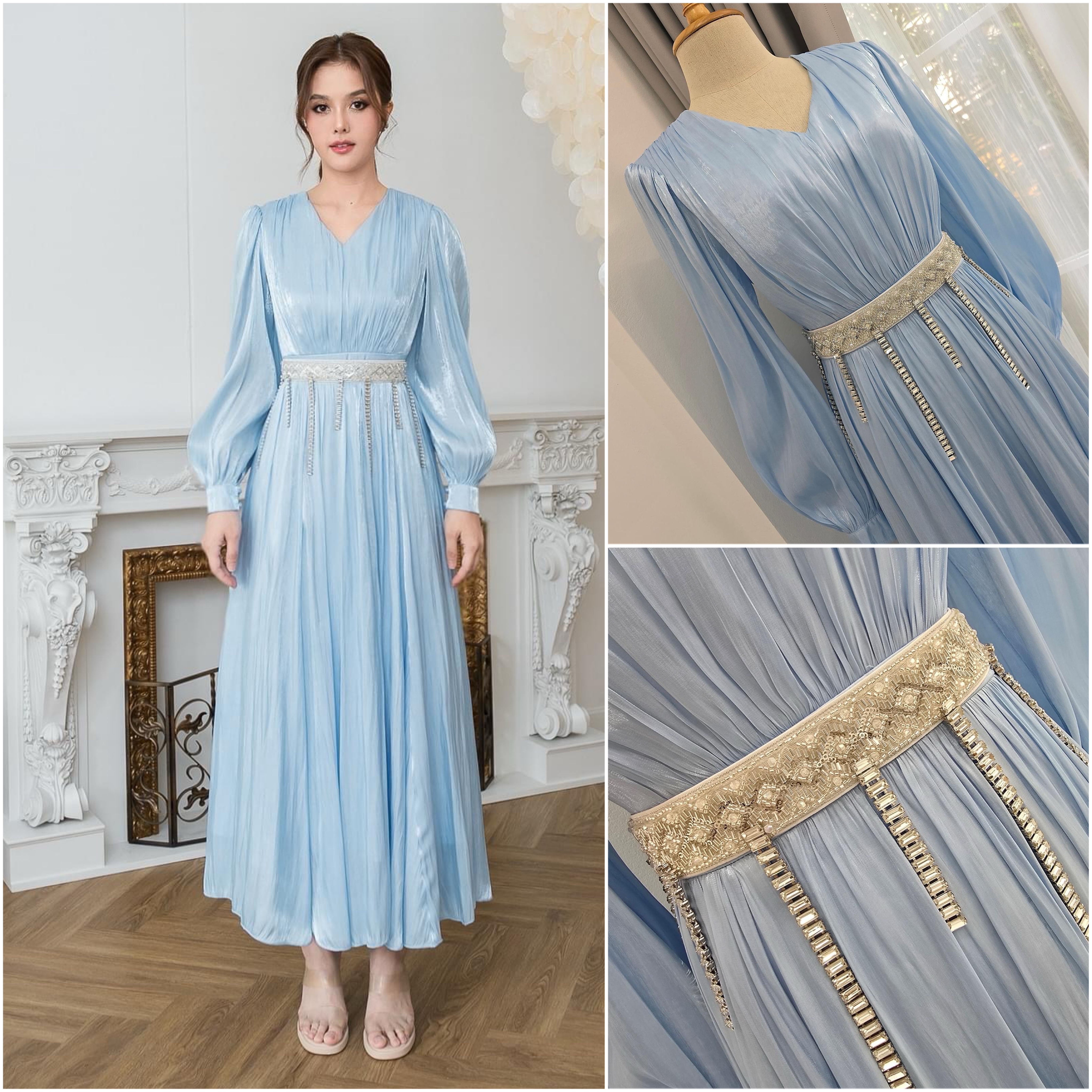 แม็กซี่เดรสเสื้อคอวีแขนยาว กระโปรงบาน ดีเทลตัวเสื้อเดรปแบบรูดใต้อกและกระโปรง ใส่สบาย : สินค้าคุณภาพ (พร้อมส่ง)