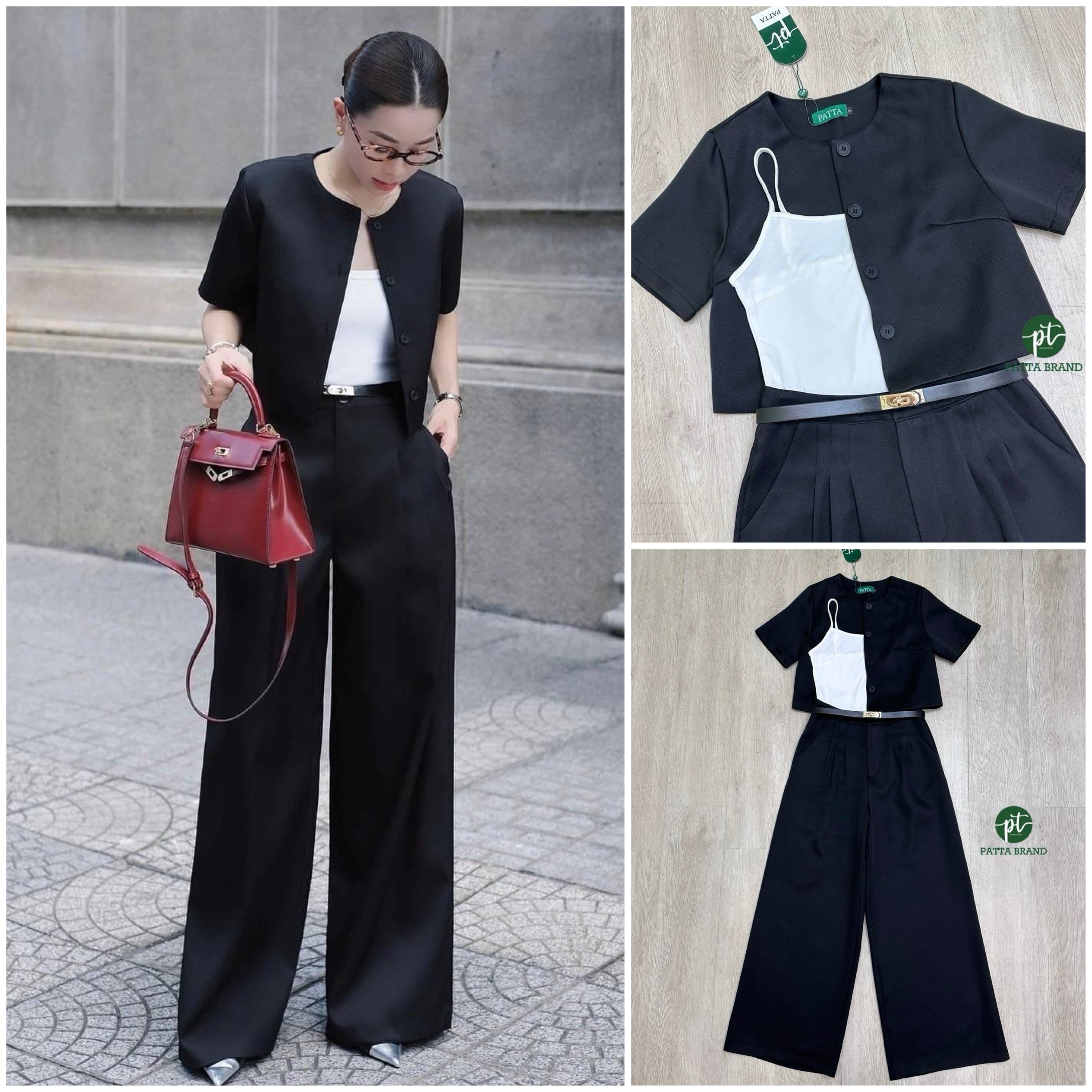 Set 3 ชิ้น ครอปสายเดี่ยวสีขาว+เสื้อคลุมตัว นอกสีดำแขนสั้นคอกลมทรงพอดีตัว+กางเกงขายาวทรงกระบอกใหญ่สีดำ +เข็มขัด ใส่สบาย : สินค้าคุณภาพ (พร้อมส่ง)