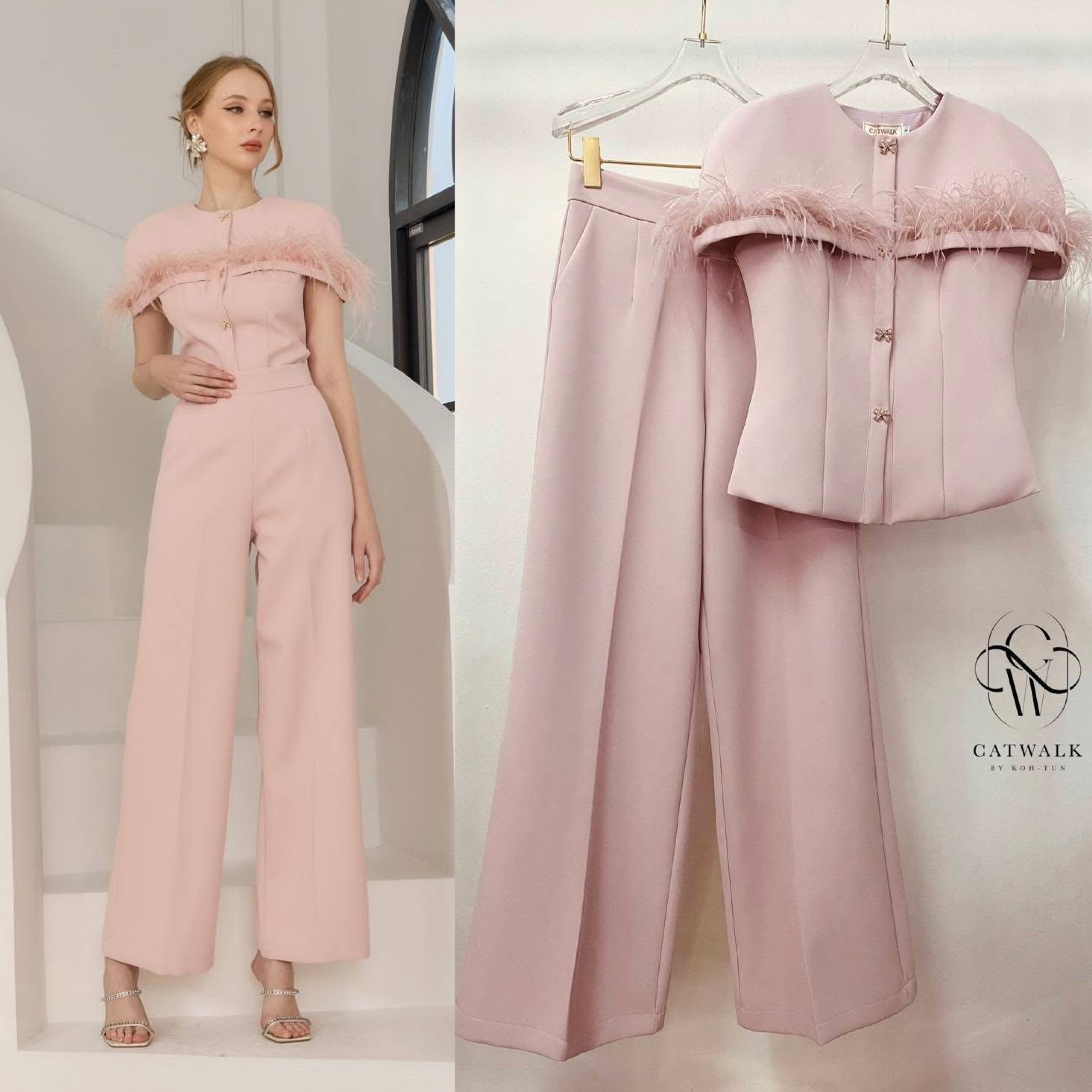 Set เสื้อคลุมไหล่แต่งขอบขนนก+กางเกงขายาวทรงสวย เนื้อผ้าเกรดเอ ใส่สบาย : สินค้าคุณภาพ (พร้อมส่ง)