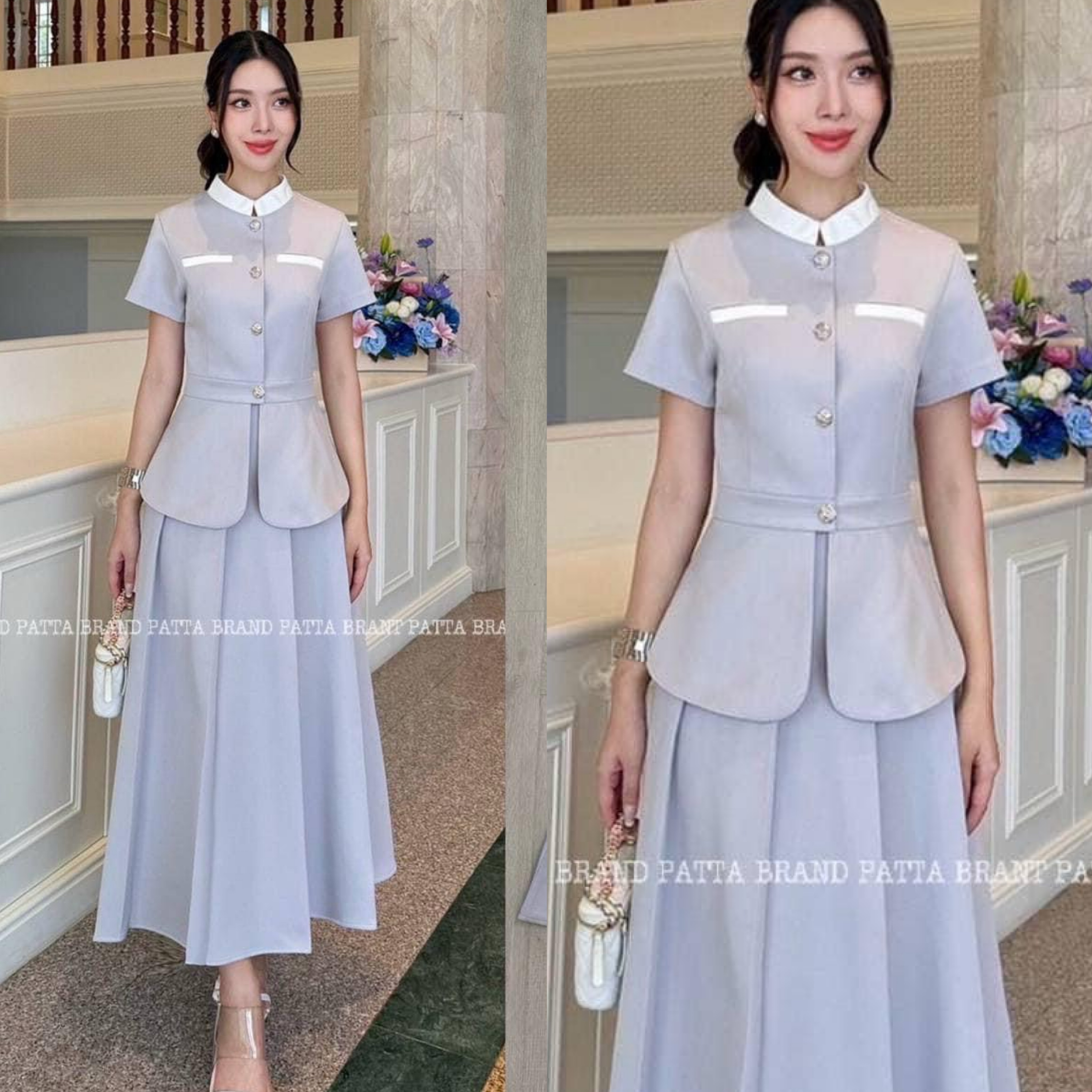 Set 2 ชิ้นสีเทา เสื้อตัวยาวดีไซน์คอจีนแขนสั้น ด้านหน้ามีกระดุมเรียงยาวใช้งานได้จริง ช่วงอกแต่งขอบกระเป๋าหลอกเก๋ๆ ชายเสื้อแหวก มาพร้อมกับกระโปรงยาวจับจีบใหญ่พริ้วรอบตัว ใส่สบาย : สินค้าคุณภาพ (พร้อมส่ง)