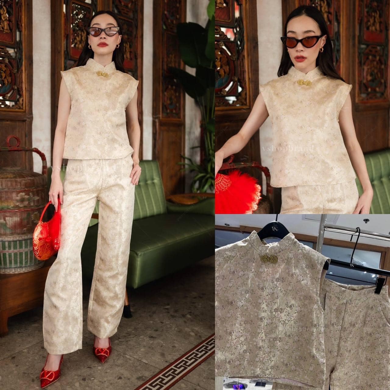 Set เสื้อกี่เพ้าแขนกุดลายดอกมินิ + กางเกงขายาว ทรงสวย ใส่สบาย . สินค้าคุณภาพ (พร้อมส่ง)