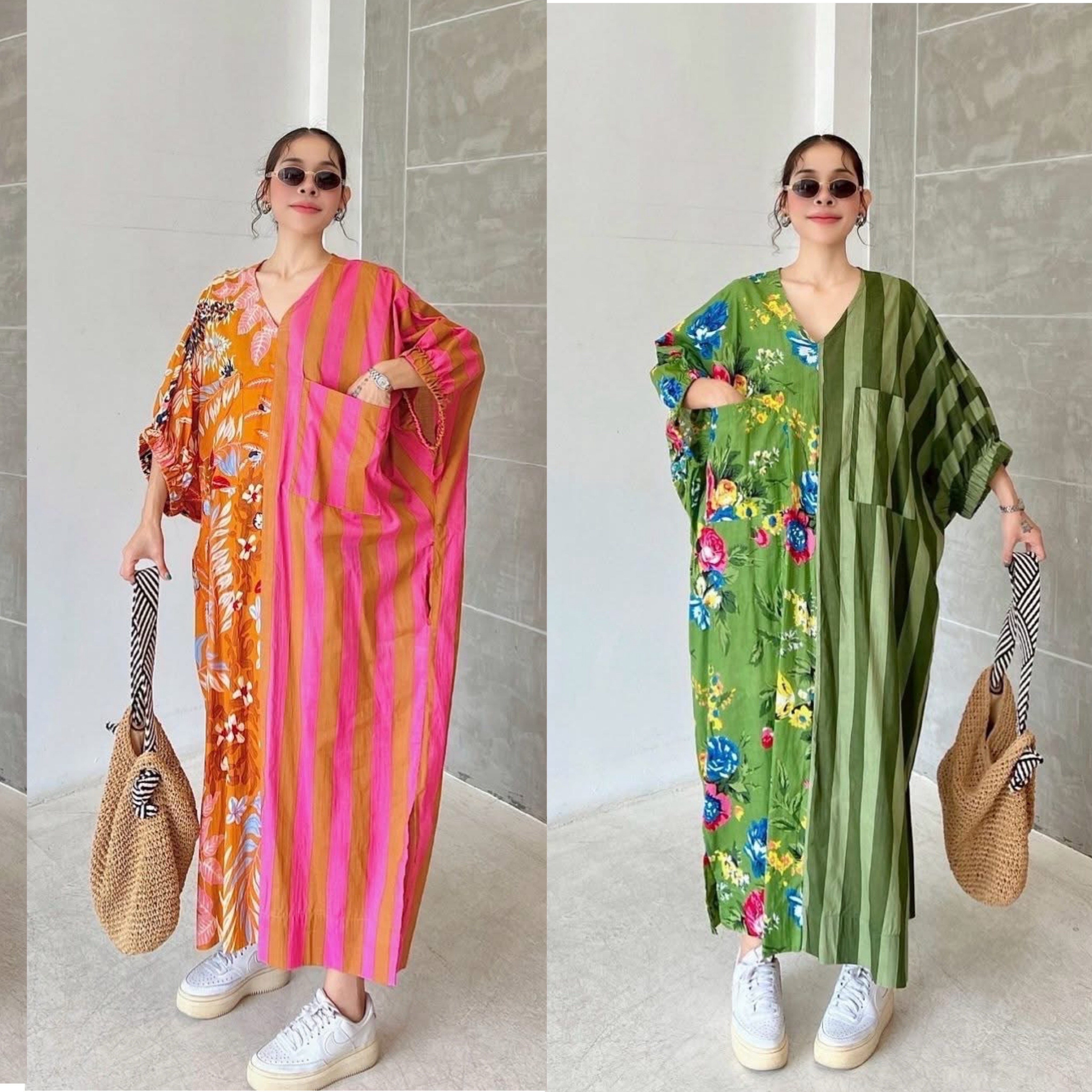 เดรสผ้าบล็อคคอทตอลอินเดีย ดีไซน์คอวีหน้า ทรงปีกค้างคาว แขนในตัวสม็อคปลายแขน ช่วงชายผ่าข้าง มีกระเป๋าล้วง+กระเป๋าอก ใส่สบาย : สินค้าคุณภาพ (พร้อมส่ง)