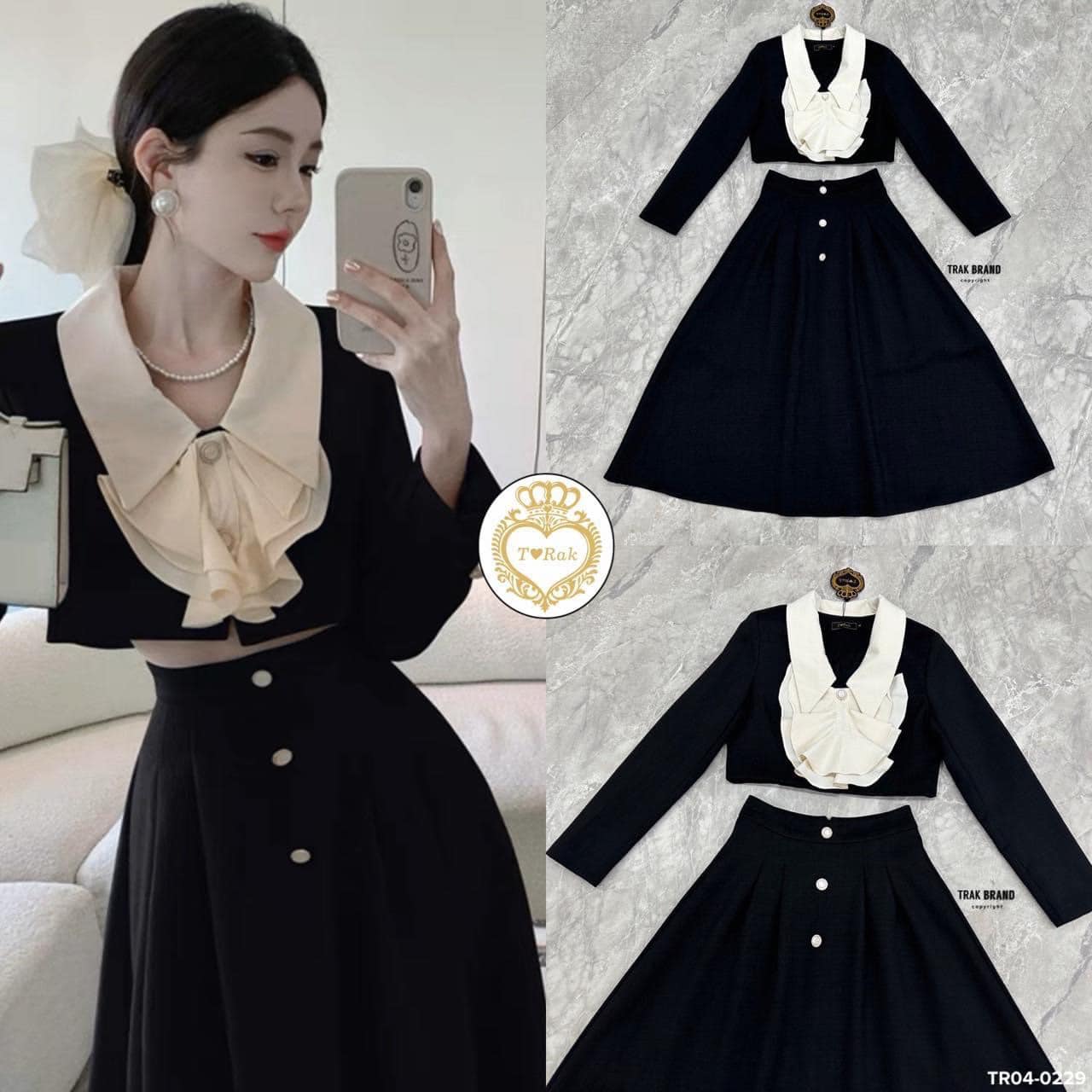 เซท 3 ชิ้น เสื้อคอปกแขนยาว กระดุมหน้า แต่งโบระบายติดตรงกลาง เสื้อแมทซ์กับกระโปรงเอวสูงระบายบาน ออก แมทซ์กันสวยละมุลสไตล์คุณหนูจ้าา สินค้าคุณภาพ (พร้อมส่ง)