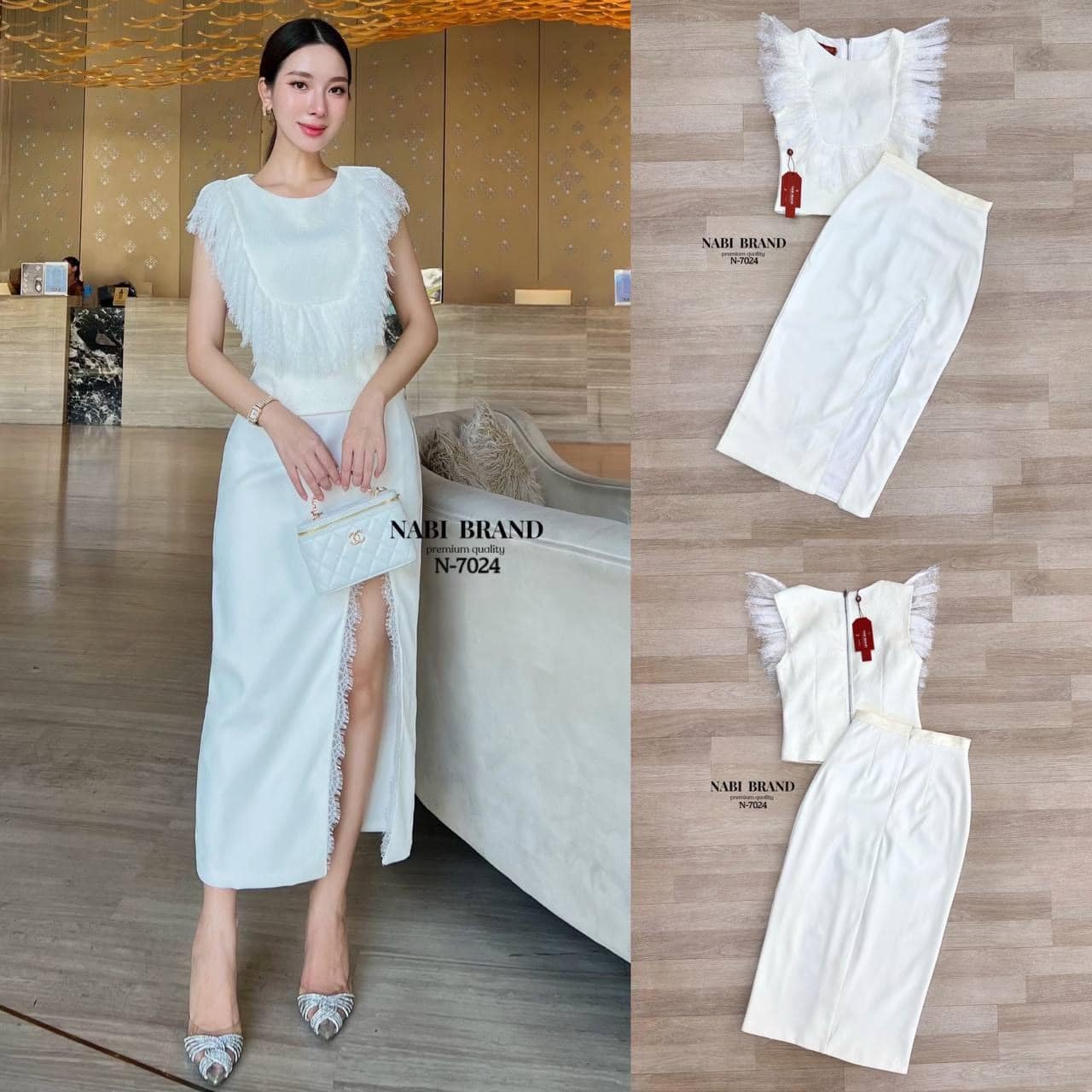 ชุดเซต เสื้อแขนกุด+กระโปรงผ่าหน้า ดีเทลเสื้อผ้าลูกไม้ ช่วงขอบแต่งลูกไม้ เป็นพู่ๆ กระโปรงเป็นทรงเข้ารูป ใส่สบาย สินค้าคุณภาพ (พร้อมส่ง)