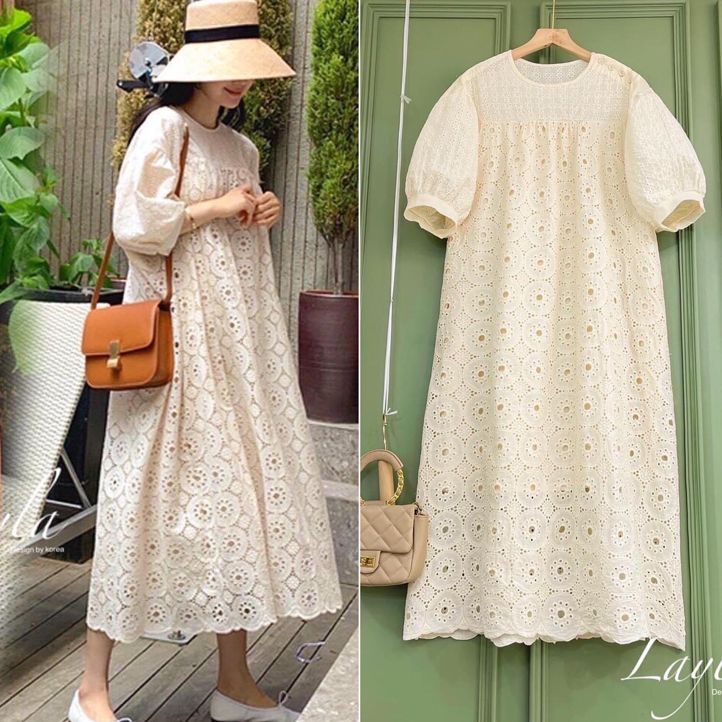 แม็กซี่เดรสเกาหลีลูกไม้ฉลุสีครีม ทรงน่ารัก แขนตุ๊กตา ใส่แบบโอเว่อร์ไซส์ ใส่หลวมลุคเกาหลี ดีเทลต่อลายลูกไม้ ช่วงไหล่มีกระดุม งานมีกระเป๋าซ่อนด้าน ข้างงานสวยมาก ซับในตัวนะคะ สินค้าคุณภาพ (พร้อมส่ง)