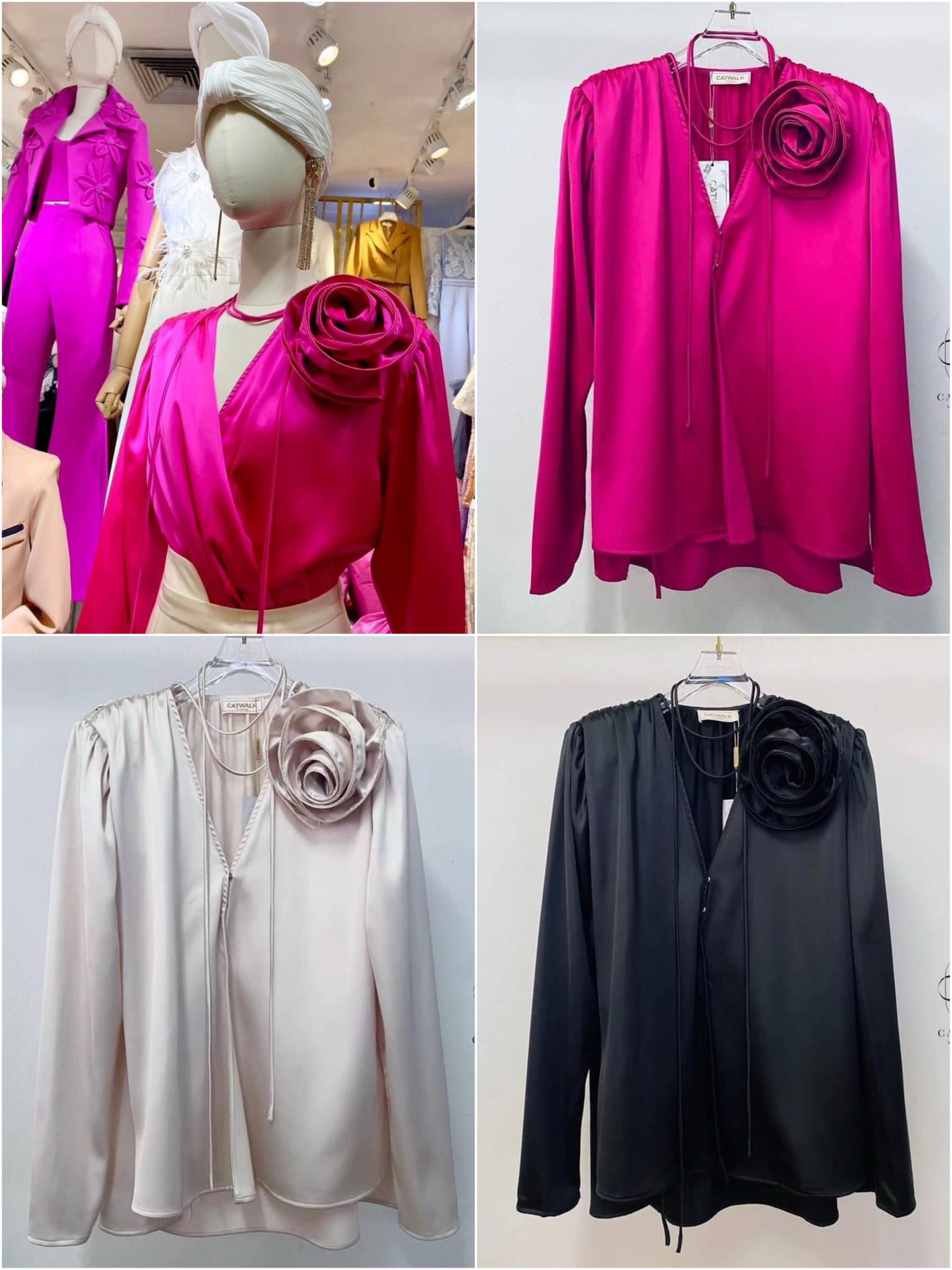 เสื้อผ้าซาตินป้ายหน้า+เข็มกลัดดอกกุหลาบ เนื้อผ้าซาตินเกรดเอ ใส่สบาย : สินค้าคุณภาพ (พร้อมส่ง)