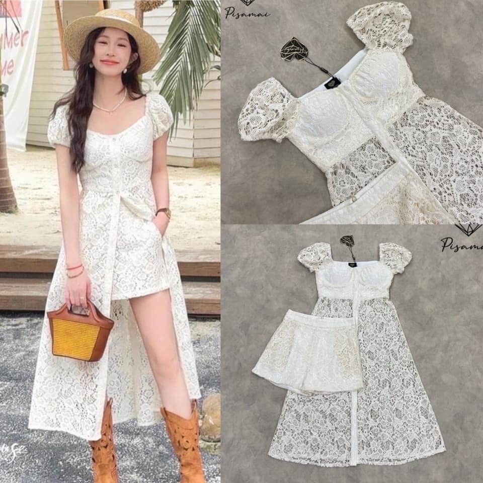 เซ็ตเสื้อแขนตุ๊กตากระดุมหน้า ตัวยาวงานลูกไม้ฉลุ มาคู่กับกางเกงขาสั้น สีขาวเข้าเซ็ต ใส่สบาย สินค้าคุณภาพ (พร้อมส่ง)