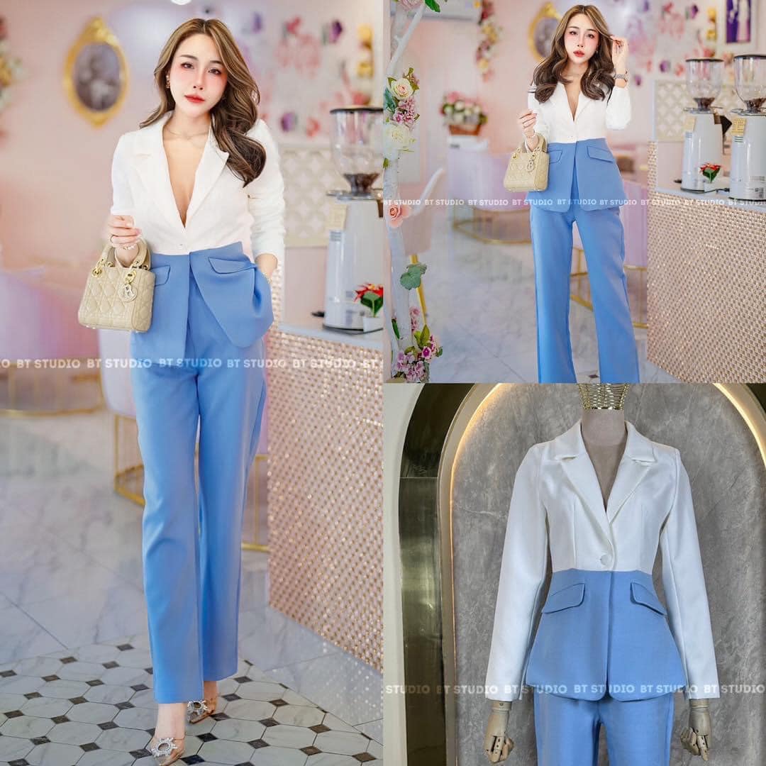 เซท 2 ชิ้น เสื้อเบเซอร์คอปกแขนยาว สีทูโทน ด้านบนสีขาวตัดด้วยสีชมพู สีฟ้า แต่ง กระดุมเม็ดเดียว แมทซ์กับกางเกงขายาวเอวสูง : สินค้าคุณภาพ (พร้อมส่ง)