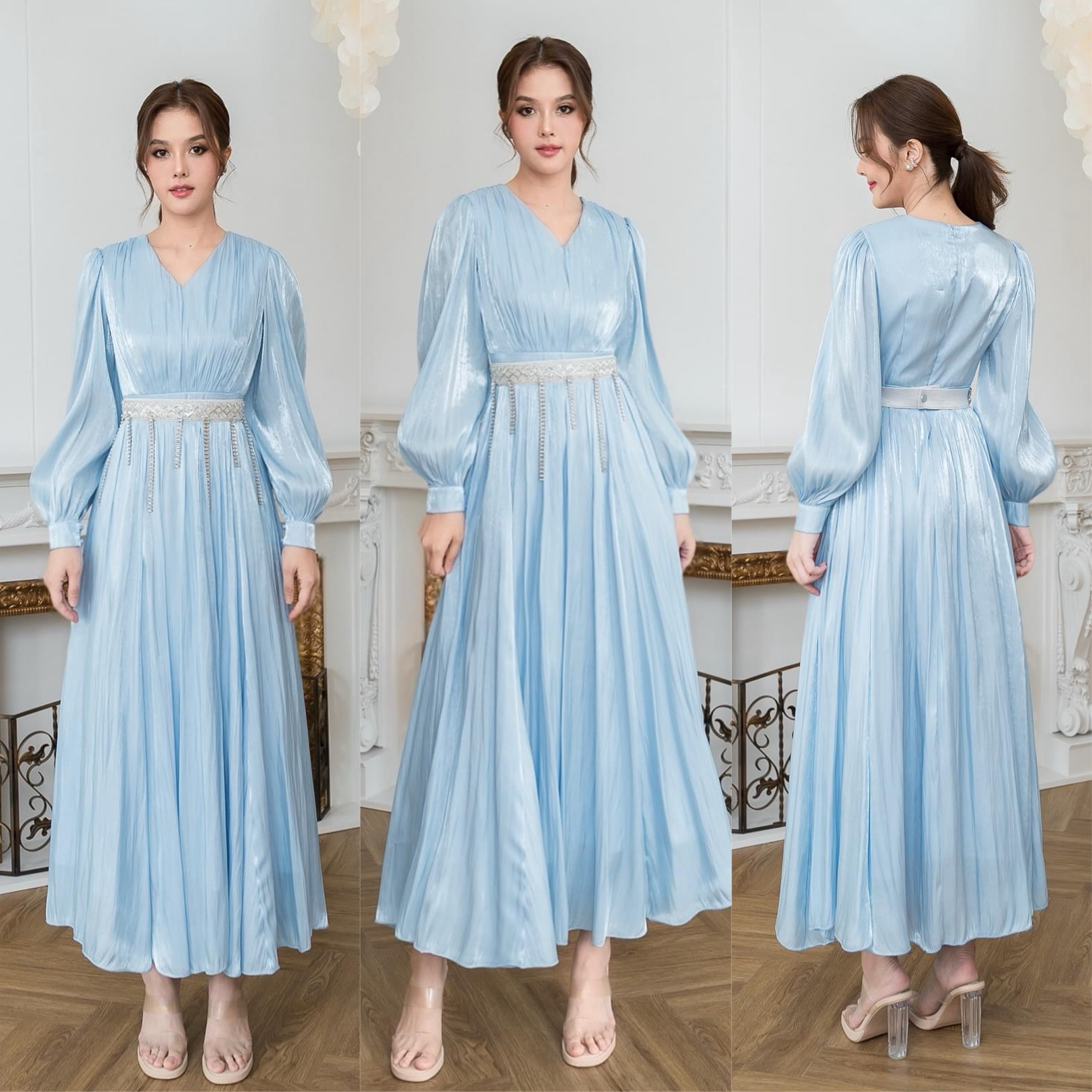 แม็กซี่เดรสเสื้อคอวีแขนยาว กระโปรงบาน ดีเทลตัวเสื้อเดรปแบบรูดใต้อกและกระโปรง ใส่สบาย : สินค้าคุณภาพ (พร้อมส่ง)