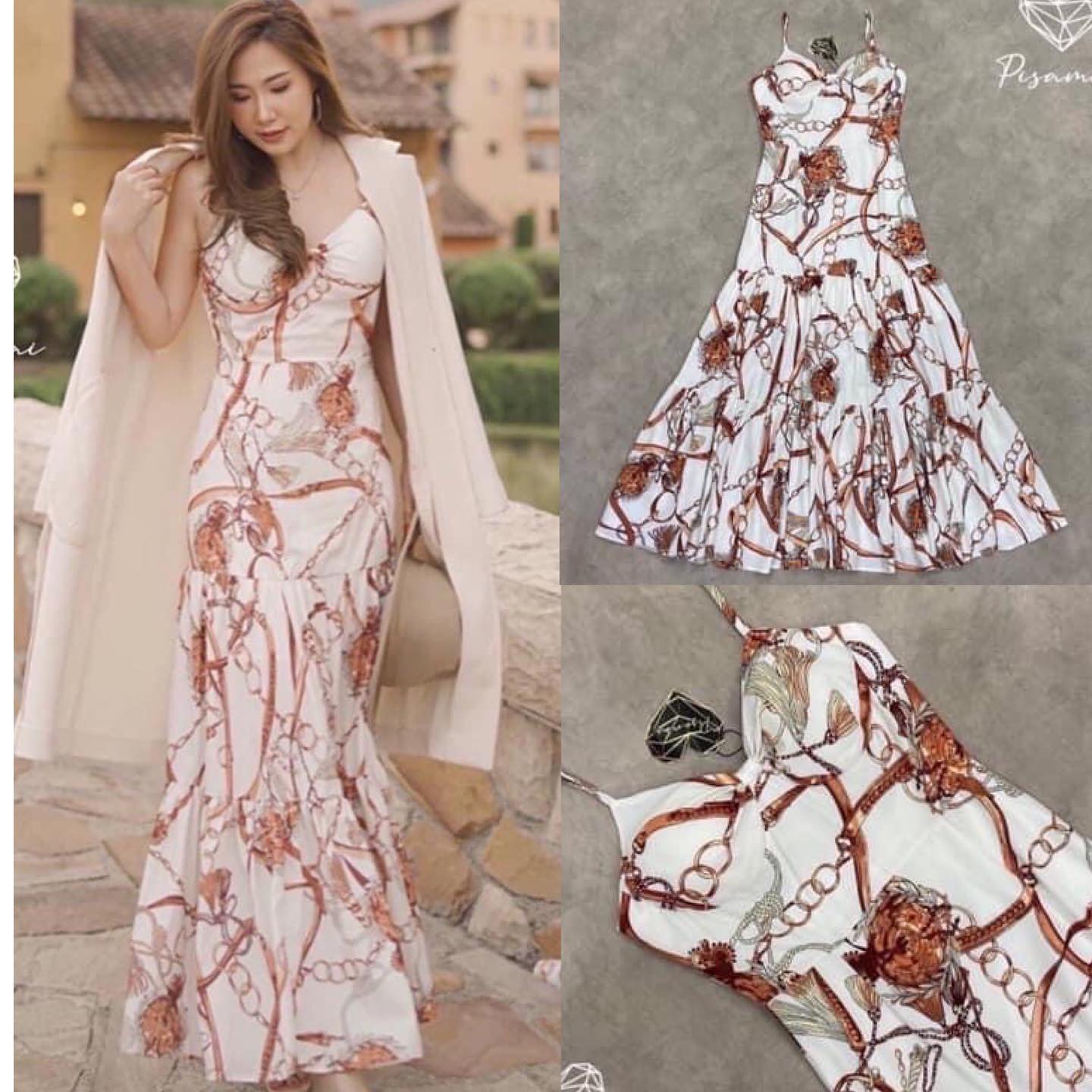 เดรสสายเดี่ยวตัวยาวสีขาว แต่งลาย กราฟฟิกโซ่สีทอง เป็นทรงกระโปรง บานยาว สินค้าคุณภาพ (พร้อมส่ง)