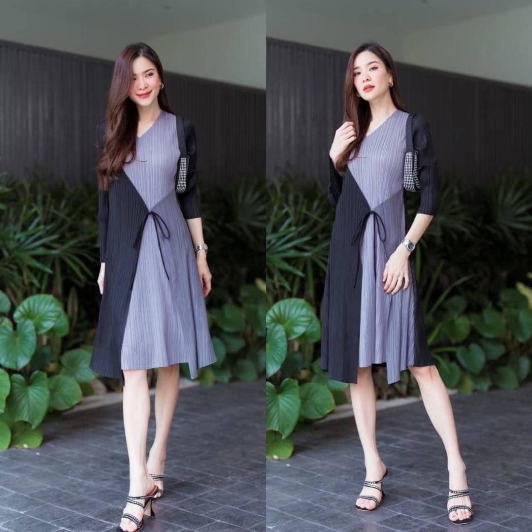 เดรสอัดพลีท แพตเทิร์นตัดเฉดสี 😍 ป้ายเฉลียงทับซ้อน ผูกโบว์ด้านหน้า 👍🏻 สินค้าคุณภาพ (พร้อมส่ง)