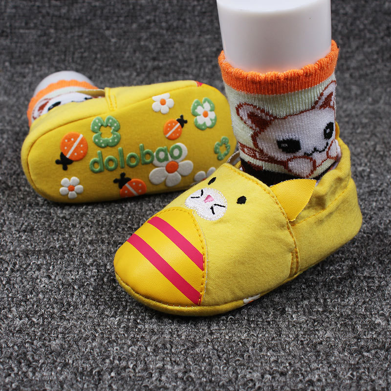รองเท้าเด็กอ่อน 0-12 เดือน ลายแมวสีเหลือง ผ้านิ่ม ใส่ง่าย มีกันลื่น
