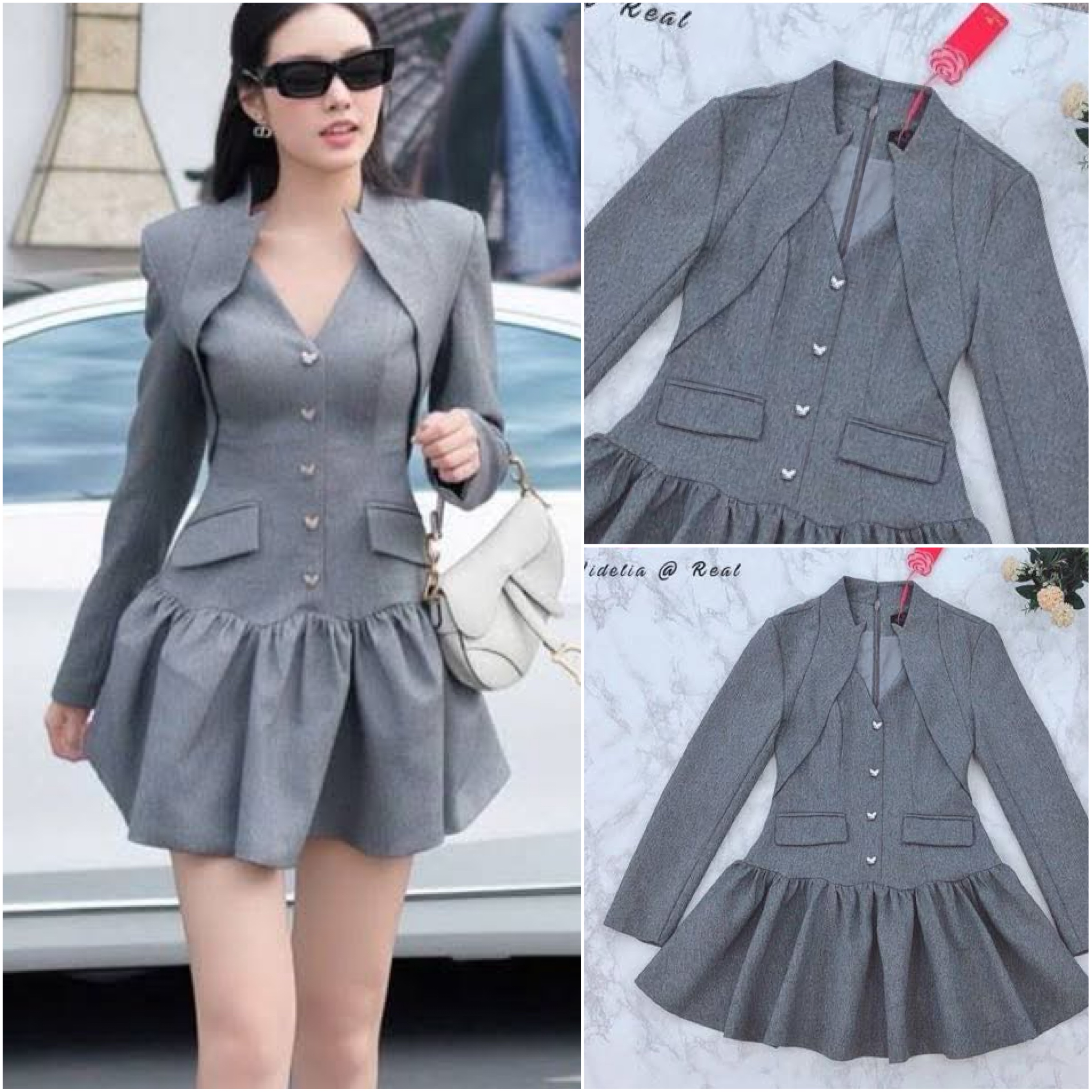 Dress เดรสแขนยาว คอวี แต่งกระดุมหน้า ซิปหลัง กระโปรงเย็บระบาย งานเนื้อผ้าอย่างดีมีน้ำหนัก ผ้าเรียบสีเทา ชุดนี้งานสวยทรงเป๊ะ ใส่สบาย : สินค้าคุณภาพ (พร้อมส่ง)