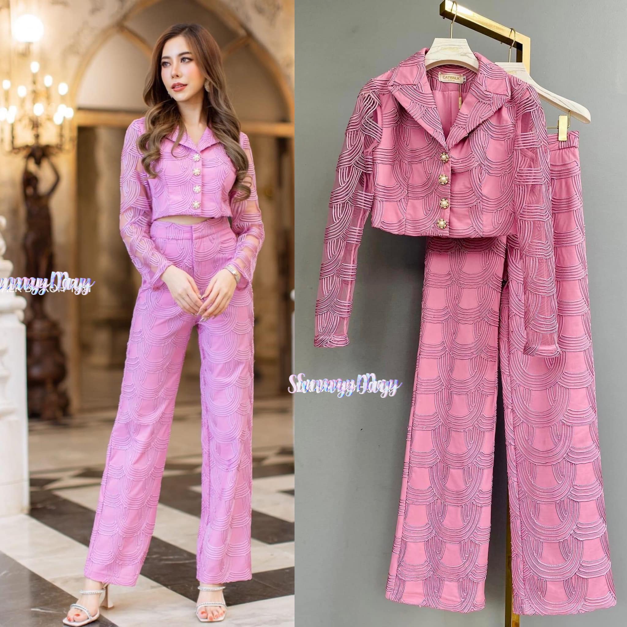 เซตเสื้อซีทรูแขน+กางเกงทรงสวย เนื้อผ้ารุ่นนี้เป็นผ้าตาข่ายเดินลายเส้นด้วย เส้นด้ายทั้งตัว เนื้อนุ่มใส่สบาย สินค้าคุณภาพ (พร้อมส่ง)