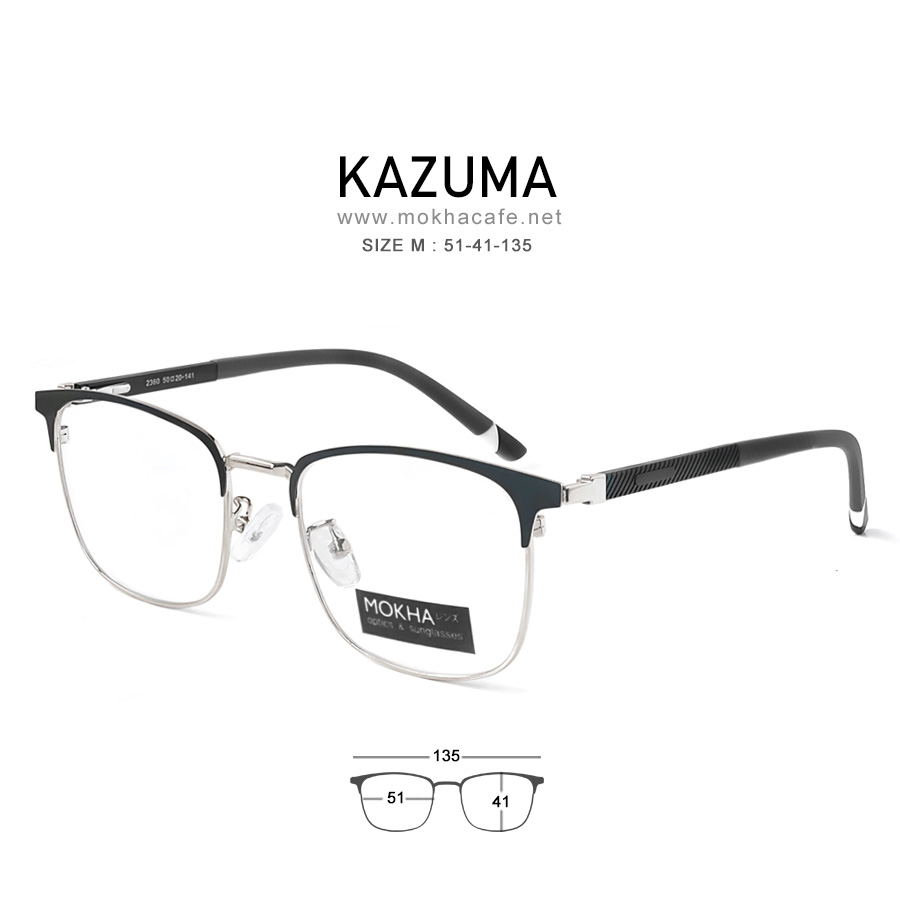 KAZUMA - black silver กรอบแว่นโลหะ กรอบทรงเหลี่ยม ขาสปริง clubmaster กว้าง 135 มม. (sizeM) H41