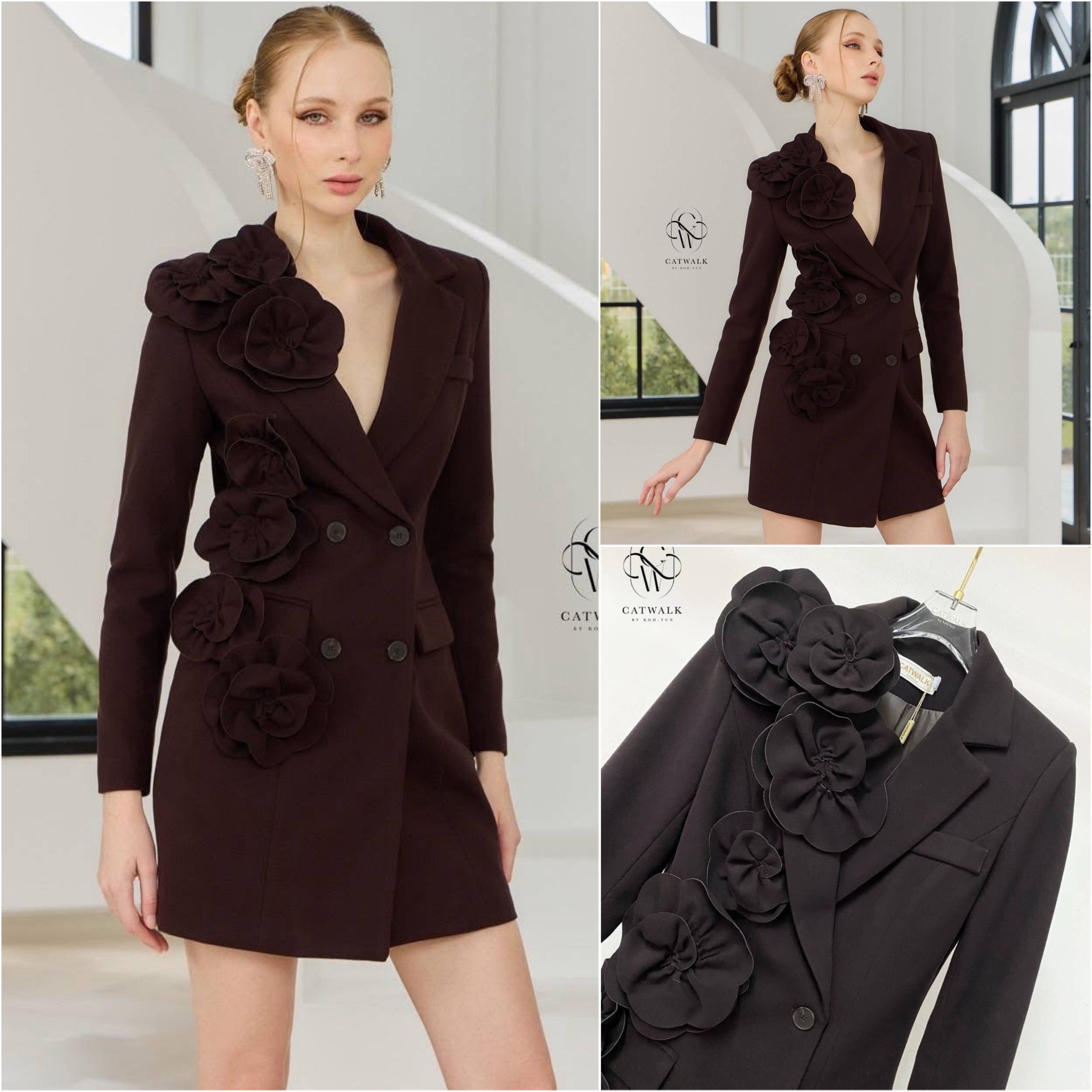 เดรสผ้าวูลแต่งดอกไม้ข้างเดียว จะใส่เป็นเดรสตัวเดียวก็ดูหรู หรือจะใส่เป็นโค้ตคลุมก็ดูเก๋ไปอีกแบบ ใส่สบาย : สินค้าคุณภาพ (พร้อมส่ง)