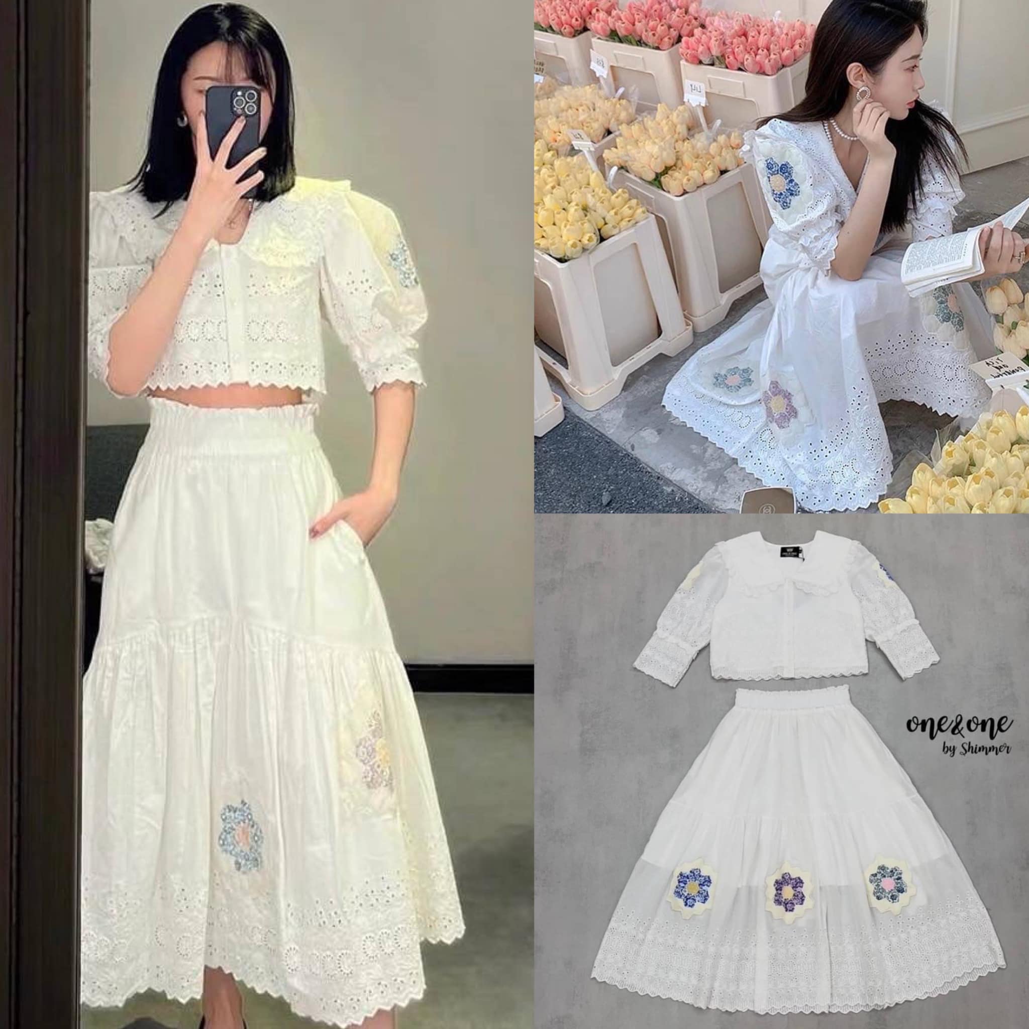 เสื้อครอปคอตตอนปักและฉลุลาย แต่งดอกไม้ที่แขน แมทช์ คู่กับกระโปรง เอวสม็อคตัดต่อแพท เทิร์นสองเลเยอร์ปักและฉลุลายตกแต่งด้วย ดอกไม้ . สินค้าคุณภาพ (พร้อมส่ง) .