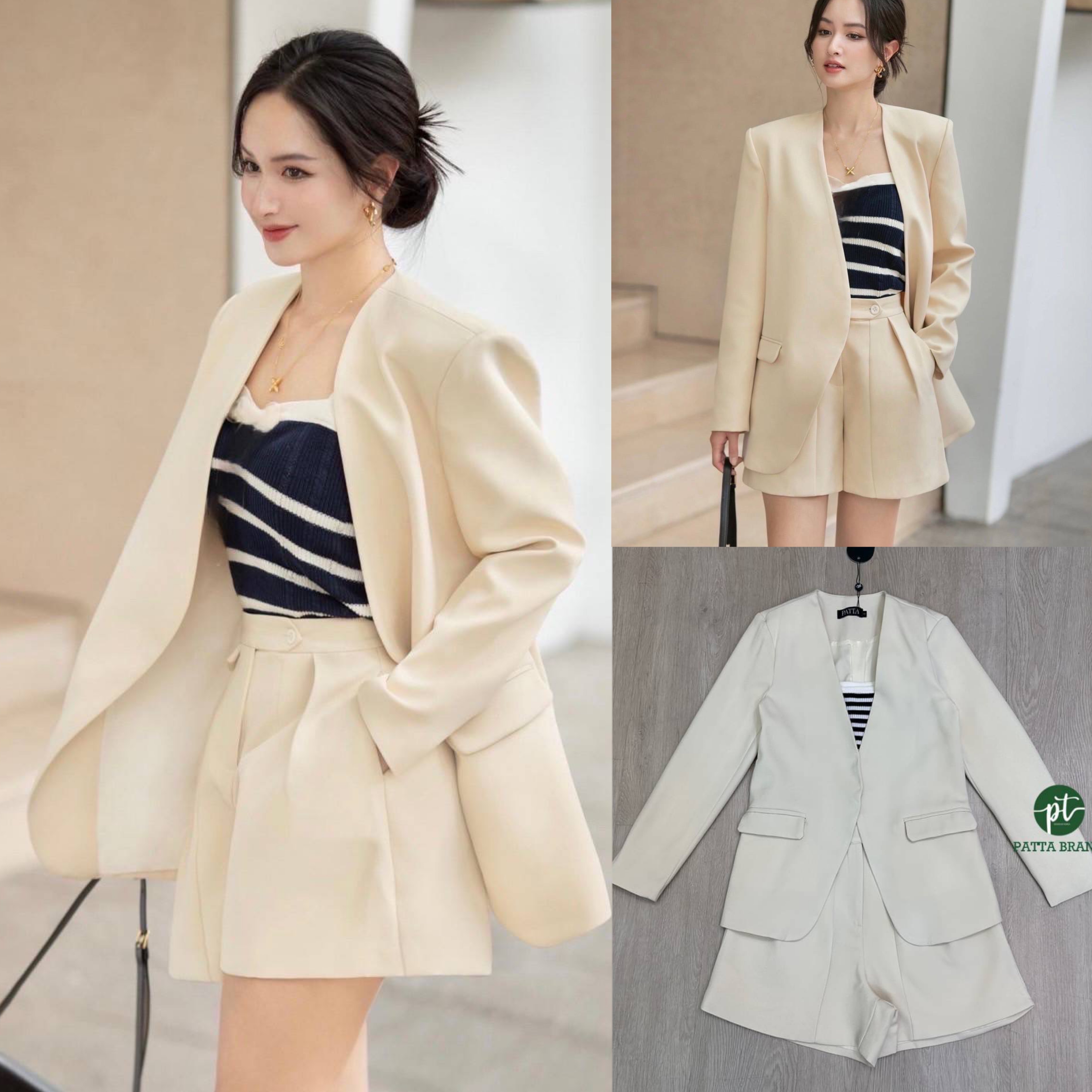 Setสูท3 ชิ้น สีครีมเสื้อคลุมสูทแขนยาวมีกระดุมแป๊กใสด้านใน +เสื้อครอปสายเดี่ยวผ้าทอknit ลายริ้วขาวดำ คู่เซตกับกางเกงขาสั้น มีตะขอซิปหน้า เย็บซับในอย่างดี สินค้าคุณภาพ (พร้อมส่ง)