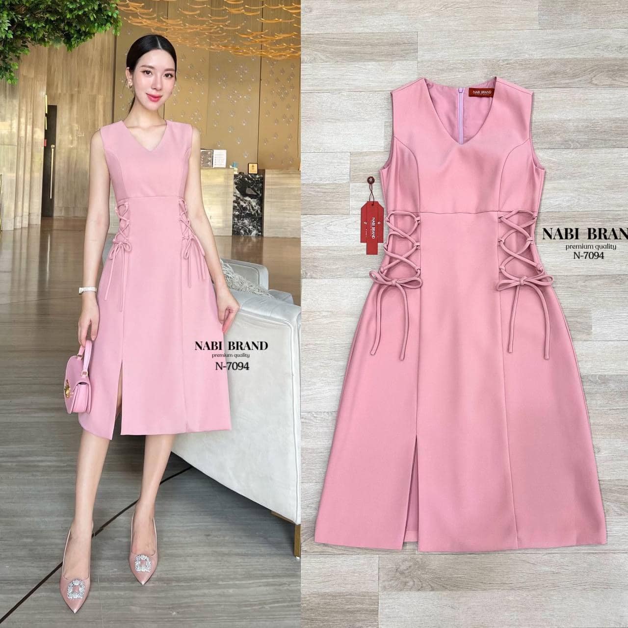 Dress แขนกุดคอวี ดีไซน์ผูกเชือกที่เอว 2 ข้าง สามาถรปรับขนาดเอวได้ มีฟองน้ำและซับใน ทั้งชุด งานซิบหลัง ใส่สบาย สินค้าคุณภาพ (พร้อมส่ง)