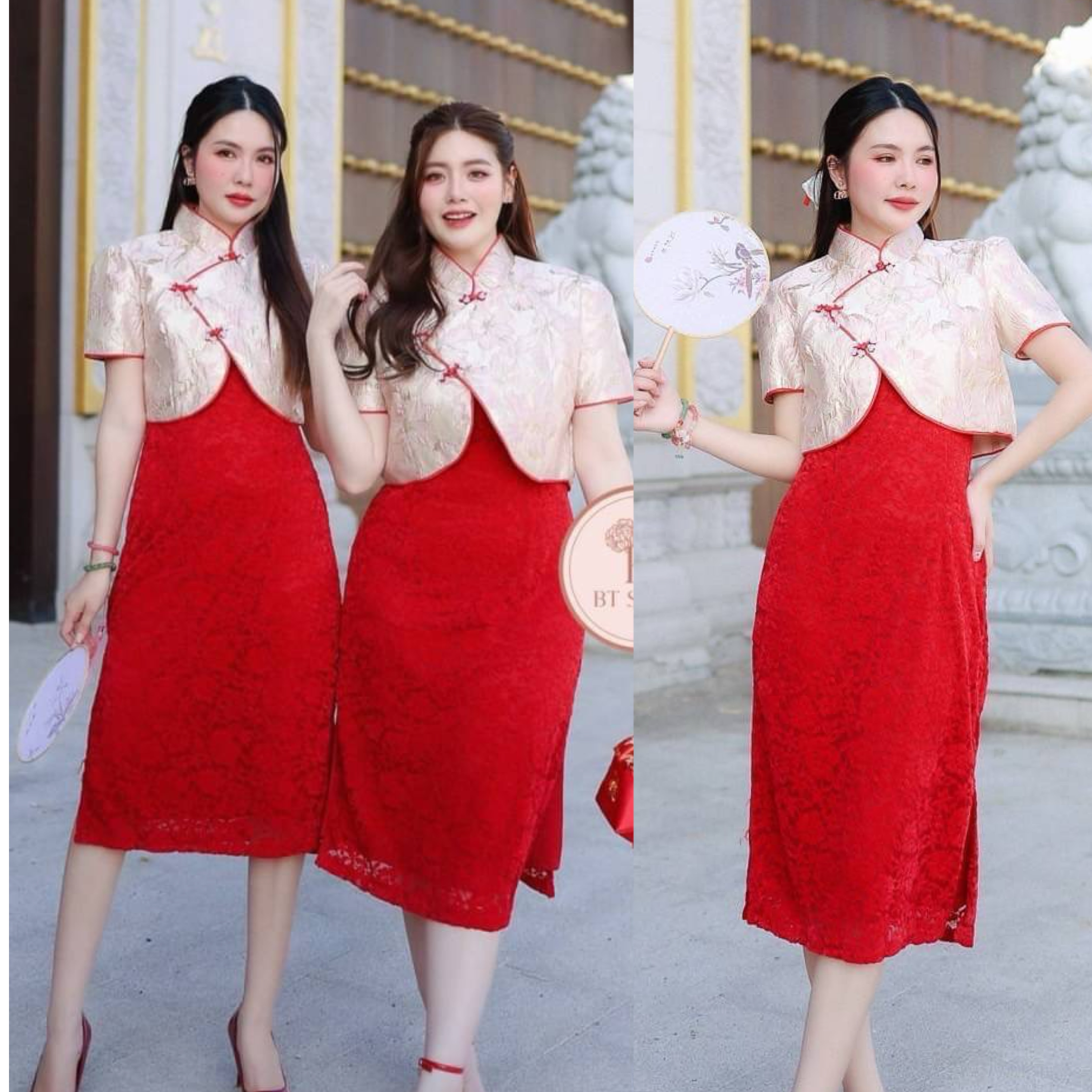 ชุดเซท 2 ชิ้น เสื้อครอปสั้นผ้าทอคอจีน แต่งกระดุมจีน ดีเทลแต่งกุ้นแดง มาพร้อมเดรส ลูกไม้เนื้อผ้านิ่มคอวีแขนกุด ผ่าข้างทั้งสองข้าง ใส่สบาย : สินค้าคุณภาพ (พร้อมส่ง)