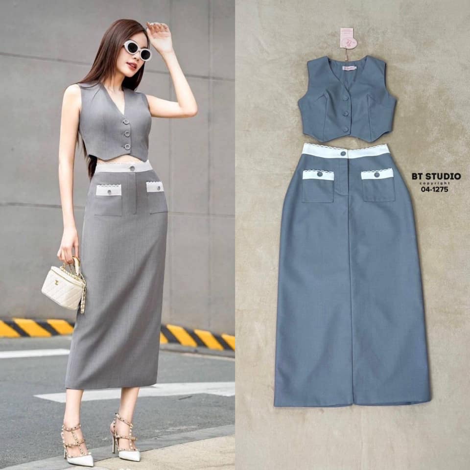 เซท 2 ชิ้น เสื้อแขนกุดเบเซอร์คอวีกกระดุมหน้าปลายชายหยัก มาพร้อมกระโปรงยาว ใส่สบาย : สินค้าคุณภาพ (พร้อมส่ง)