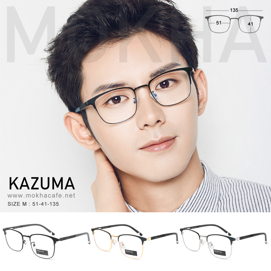 KAZUMA - black silver กรอบแว่นโลหะ กรอบทรงเหลี่ยม ขาสปริง clubmaster กว้าง 135 มม. (sizeM) H41