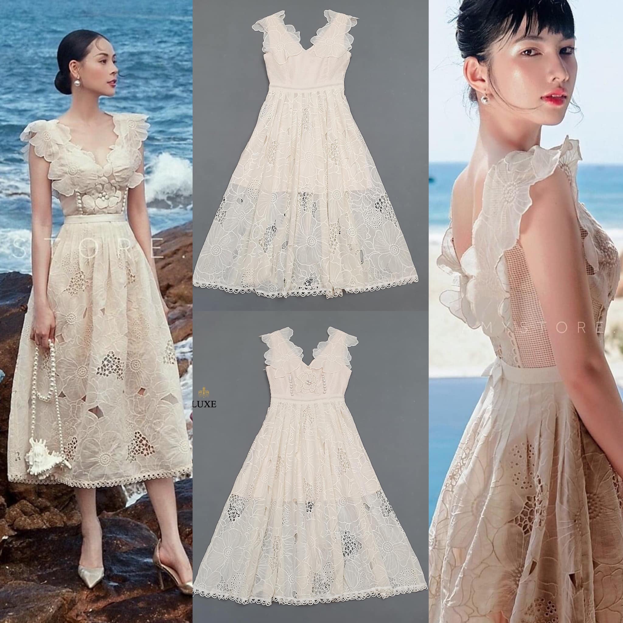 เดรสเสื้อคอวีแขนกุด กระโปรงบานจีบรอบ แต่งกระดุมปั๊มและผ้าฉลุรูปดอกไม้ สินค้าคุณภาพ (พร้อมส่ง)