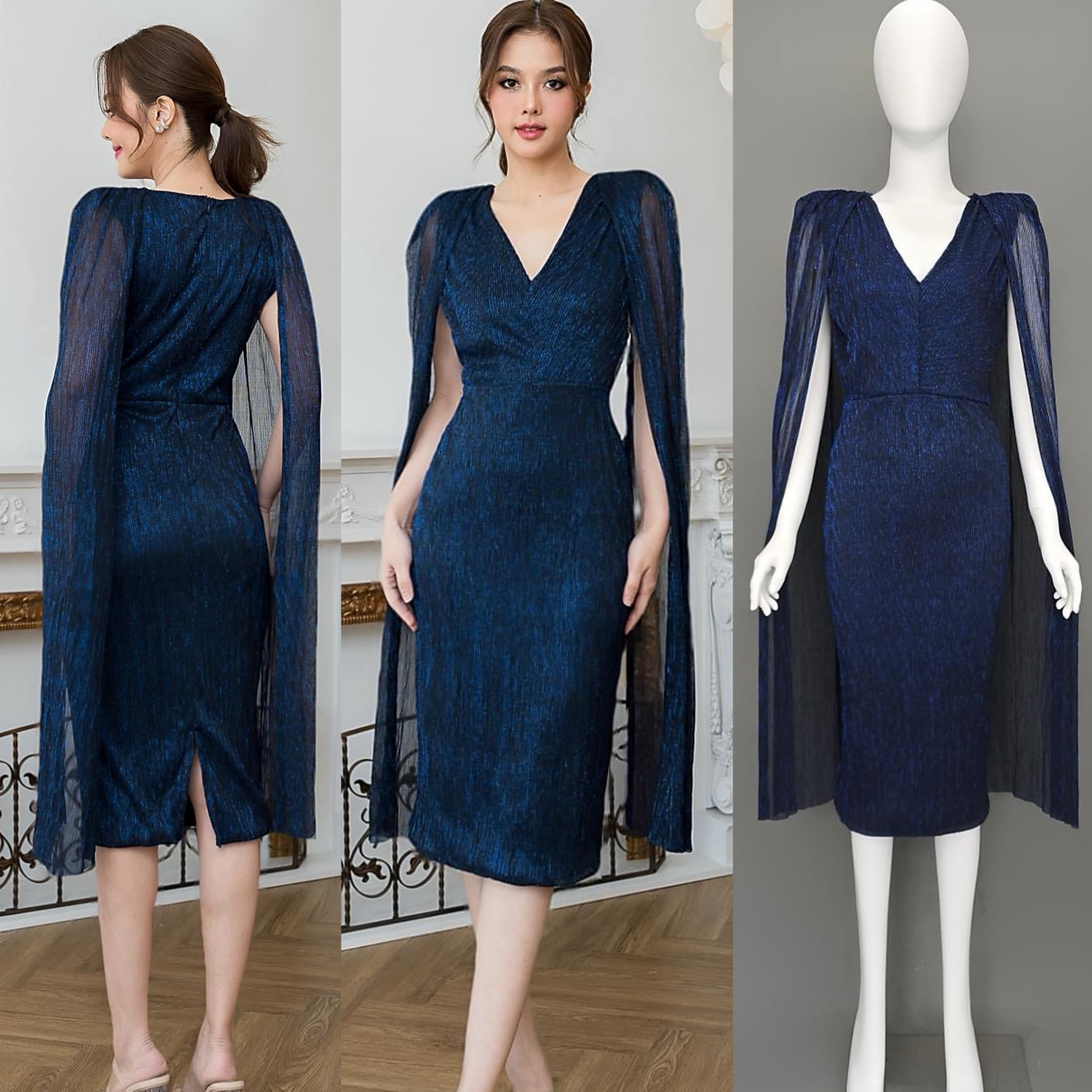 เดรส เสื้อคอวี กระโปรงทรงสอบเข้ารูป : แขนเสื้อเป็นผ้าคลุม ลูกเล่นผ่าด้านใน เพื่อความกรุยกราย มีซิปซ่อนและซับในเต็มตัว ใส่สบาย : สินค้าคุณภาพ (พร้อมส่ง)