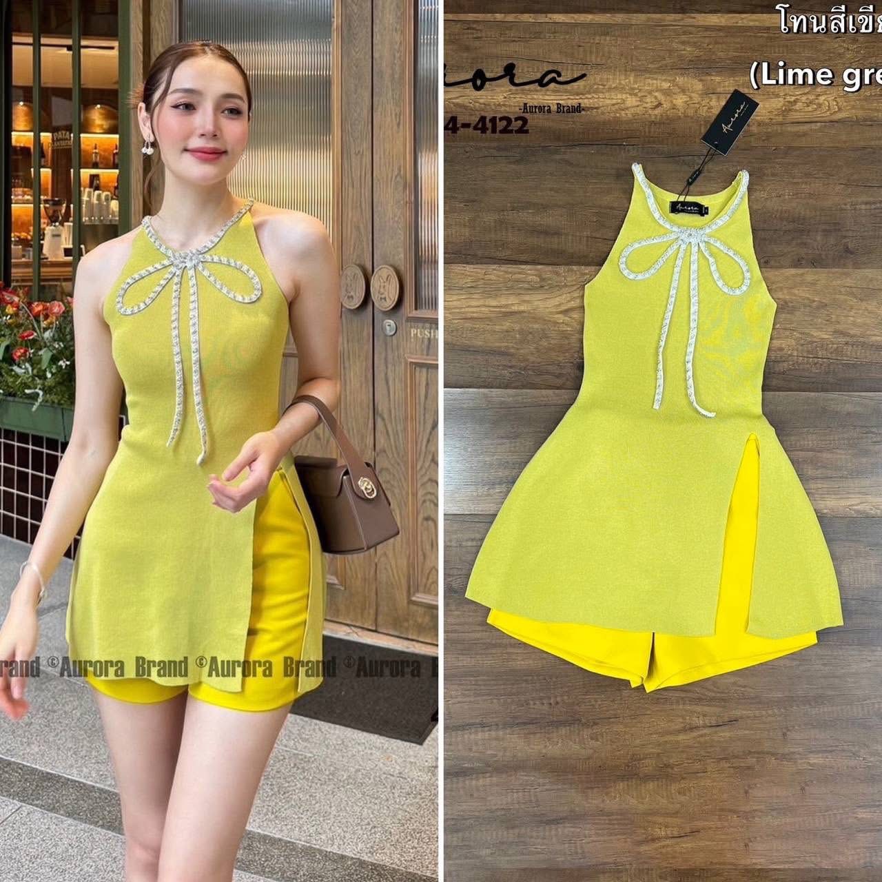 Set เสื้อนิตติ้งสีสันหวานสดใส แต่งอะไหล่สวยหรูฝุดๆ (เสื้อทรงสวม)+กางเกงขาสั้น ใส่สบาย : สินค้าคุณภาพ (พร้อมส่ง)