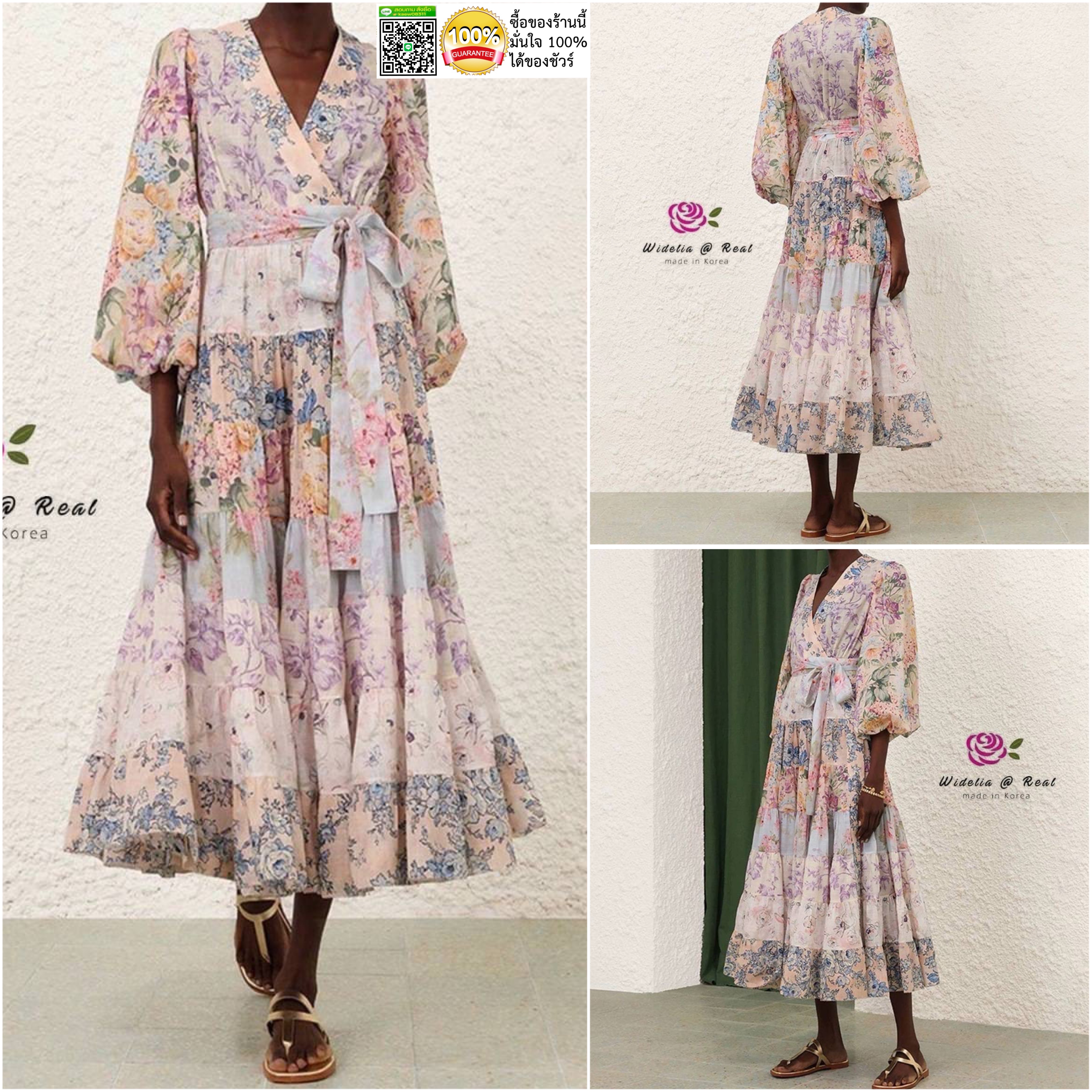 Dress :: เดรสตัวยาวสวยทรงดี คอวีเก๋ ท่อนแขนพองเป็นทรงสวย ทรงป้ายไขว้ผูกโบเอวเพิ่มความกระชับ เดรสทรงเอบานพริ้วสวย ใส่สบาย สินค้าคุณภาพ (พร้อมส่ง)