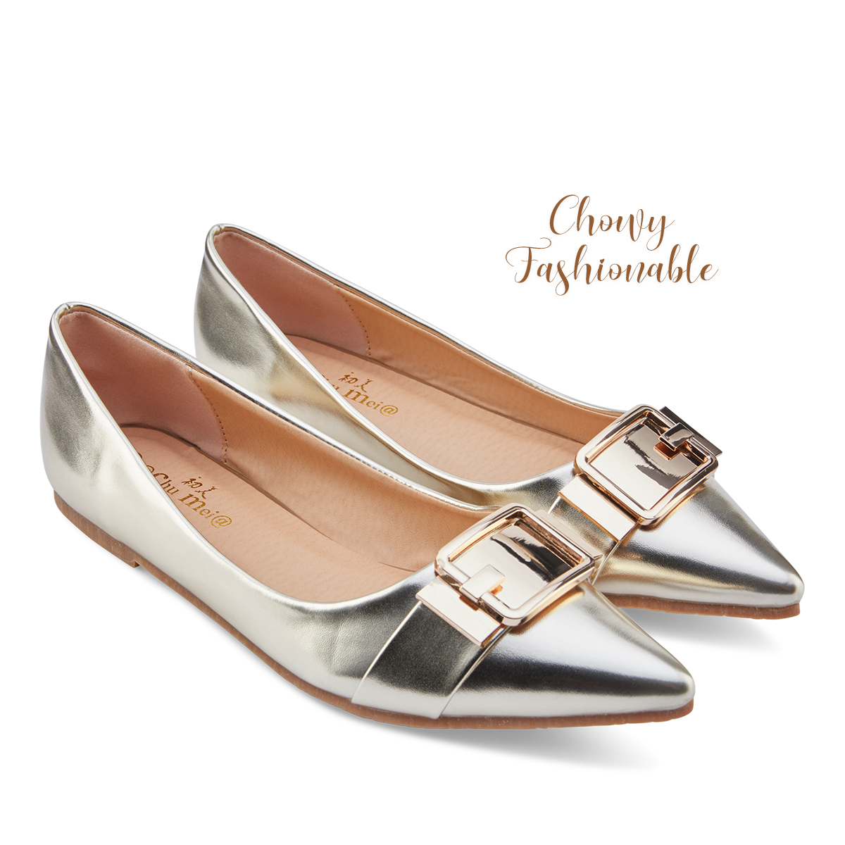 รองเท้าไซส์ใหญ่ 42-46 ส้นแบนไซส์ใหญ่ สีทองแชมเปญ งานนำเข้าเกาหลี แต่งเข็มขัด KR0873GO