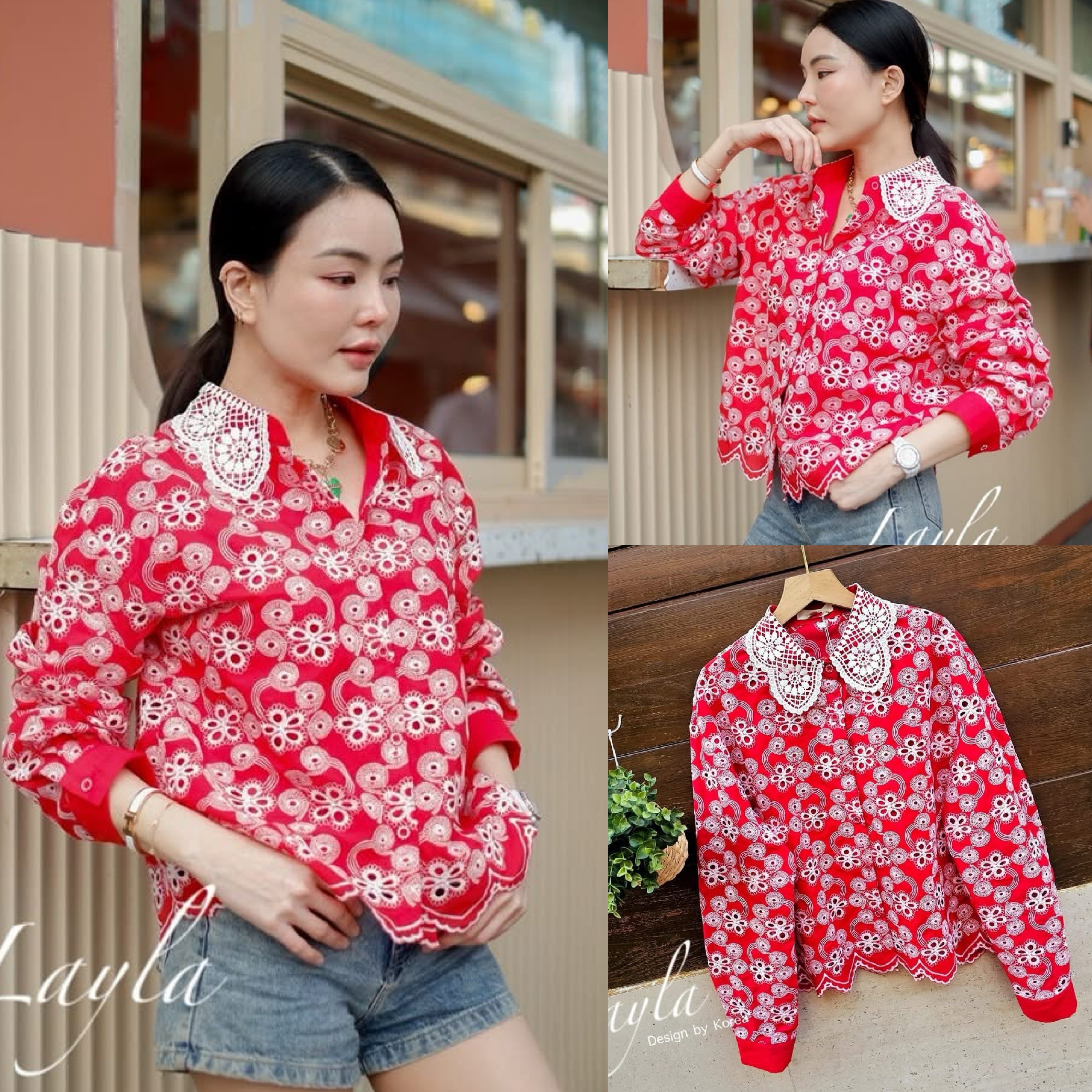 เสื้อเชิ้ตปักฉลุโชว์ลายเชิงสวยๆ คอปกลูกไม้หวานๆ แต่งกระดุมเพชร ทรงโอเว่อร์ไซส์นิดๆ ใส่สบาย : สินค้าคุณภาพ (พร้อมส่ง)