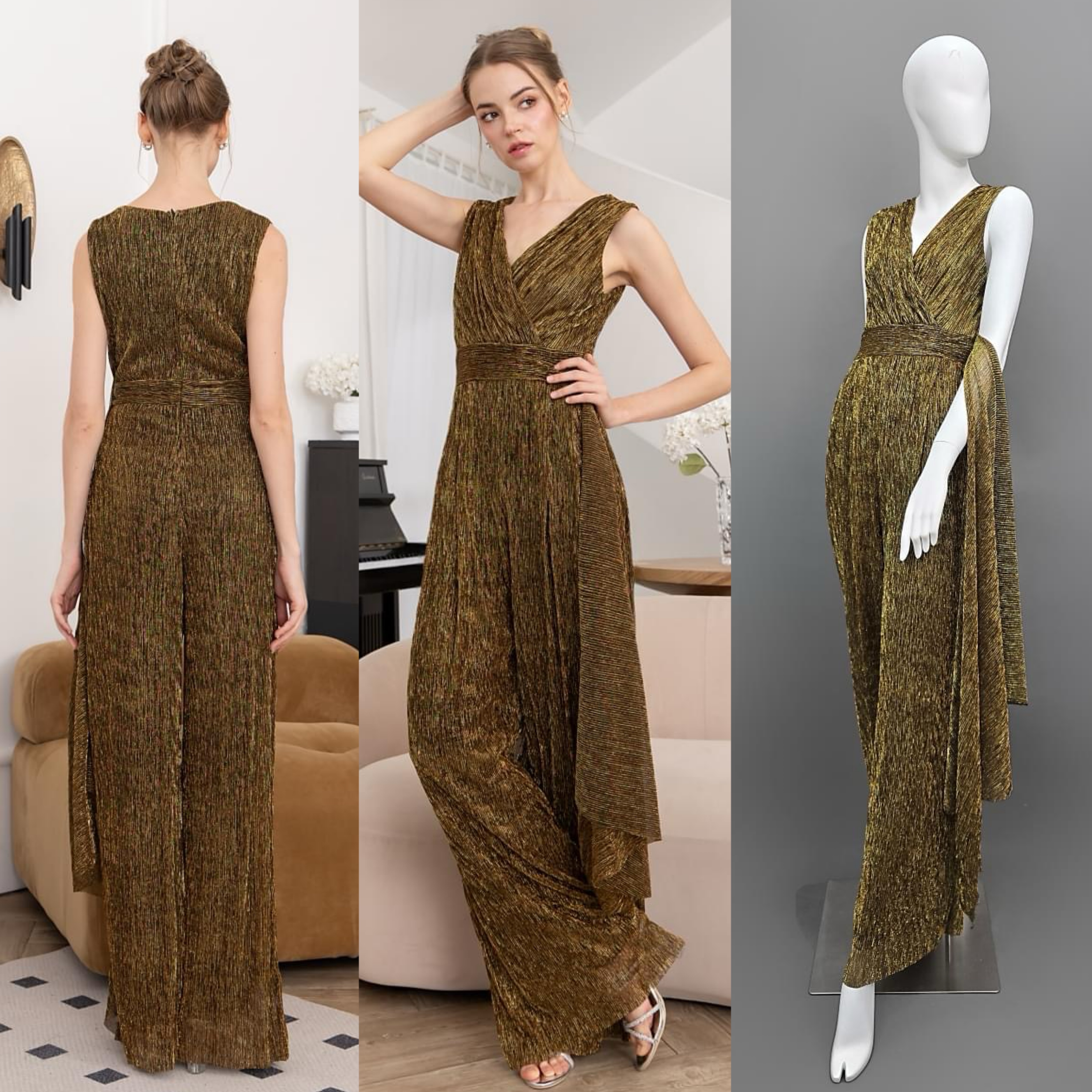 จั๊มสูทเสื้อคอป้ายแขนกุด กางเกงขา ตรงจับจีบ แต่งชายระบายด้านข้าง ใส่สบาย : สินค้าคุณภาพ (พร้อมส่ง)